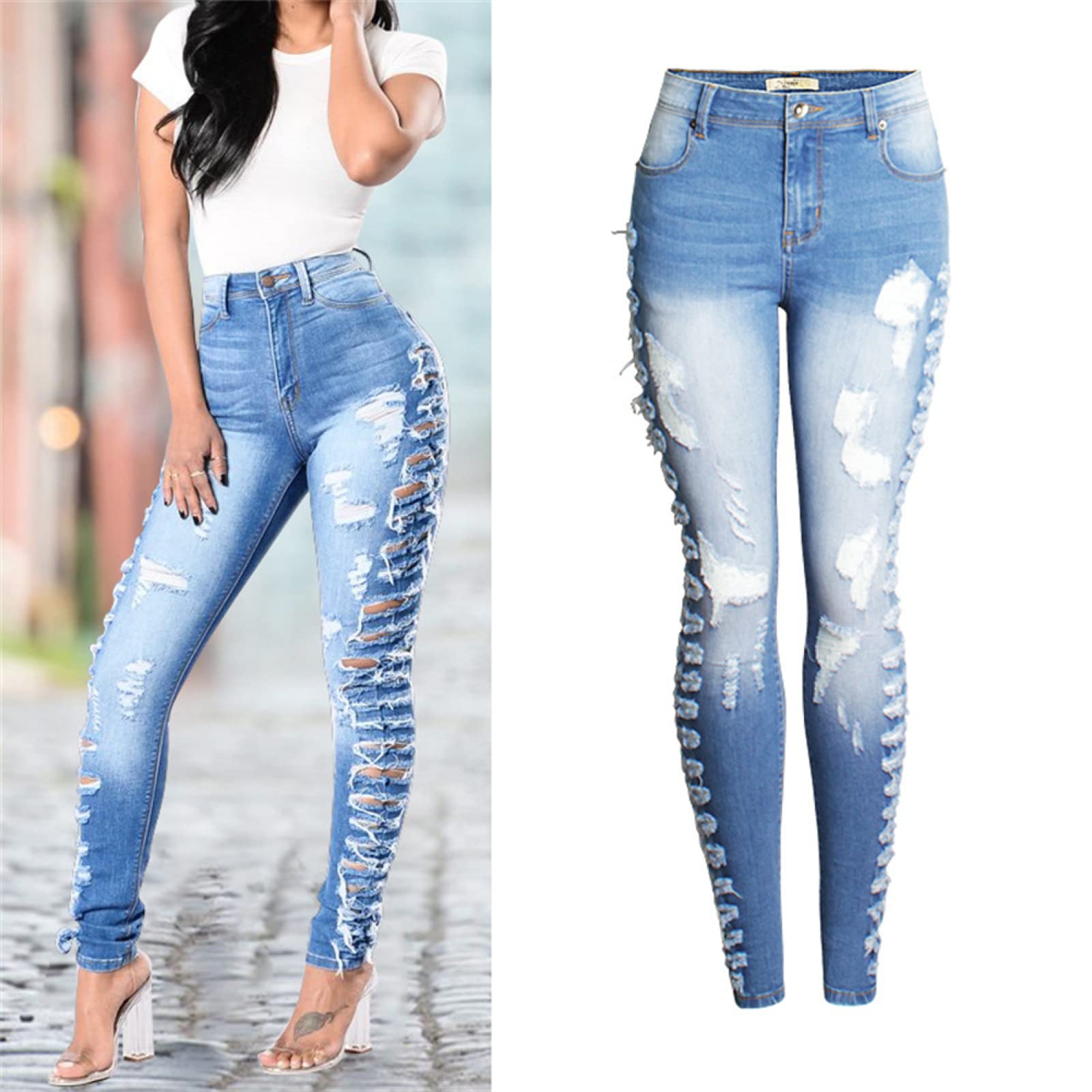 Ropa De Mujer Jeans con Agujeros, Corte Ajustado, Jeans Elásticos Y Pierna Pequeña.