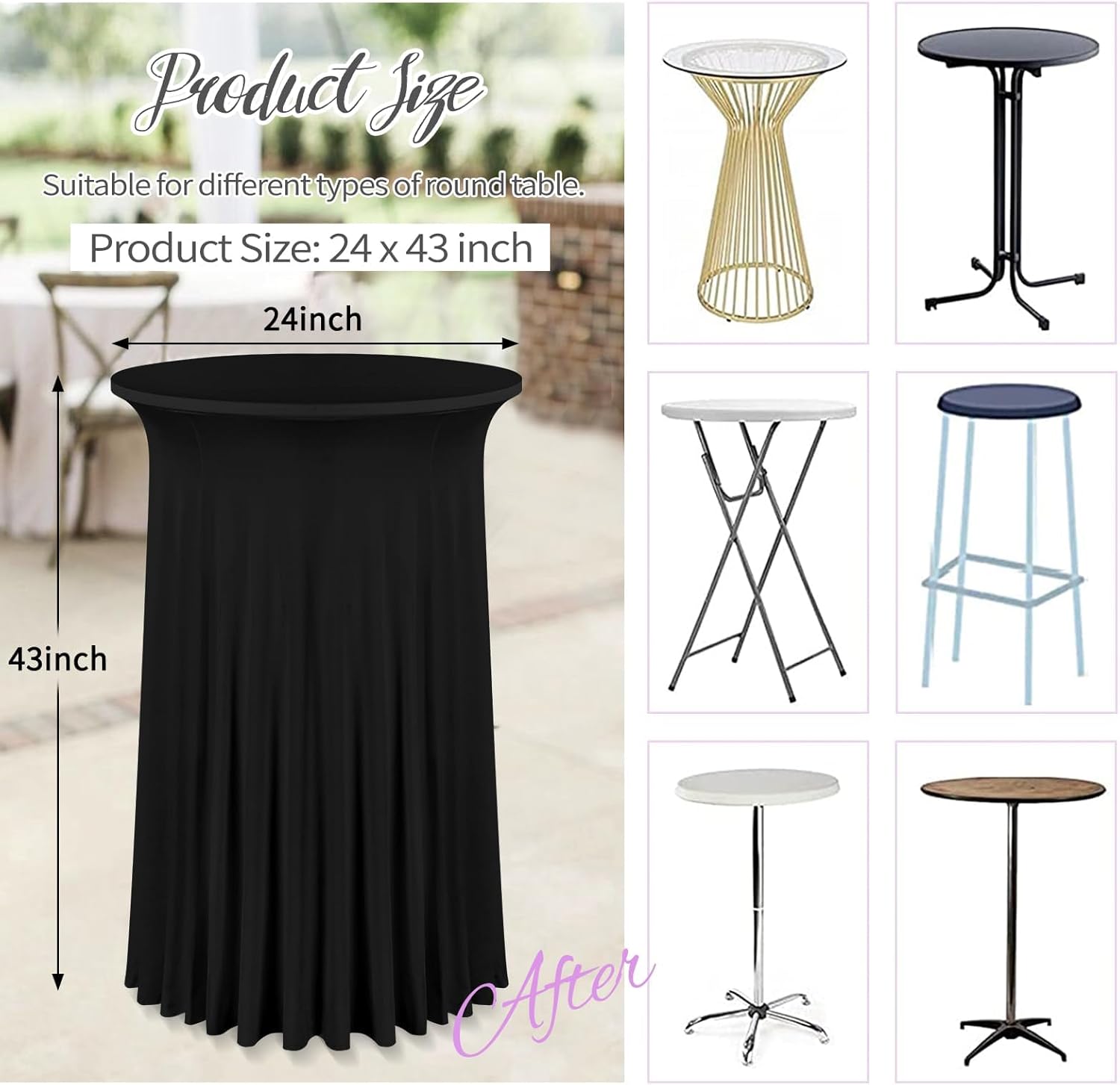 fani 4 Packs 24"x 43" Round Cocktail Table Skirt, Spandex Fitted High Top Table Skirt, Spandex Stretch Cocktail Tablecloth for Wedding Party Bar Banquet Birthday Tables(Black)