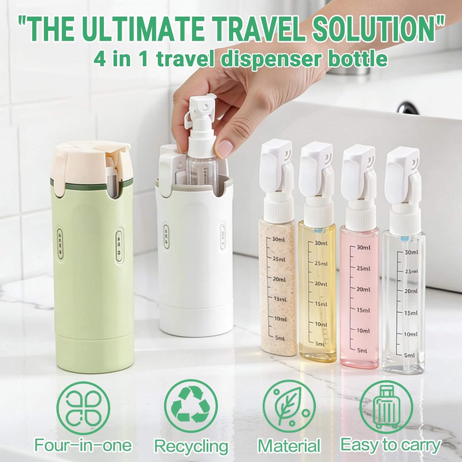 4 in 1 Travel Dispenser Bottle for Flying Essentials Camping Toiletries Pump Leak Proof Size TSA Travel Containers Portable Refillable Hard Shell Rotating Design with Scale and Labels (White)