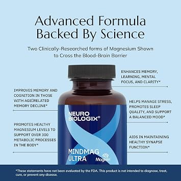 Neurobiologix MindMag Ultra with Magnesium L-Threonate for Men & Women, Triple Action Magnesium Complex for Memory, Calm, Relaxation & Cognitive Performance, Gluten Free, Vegetarian, 120 Capsules