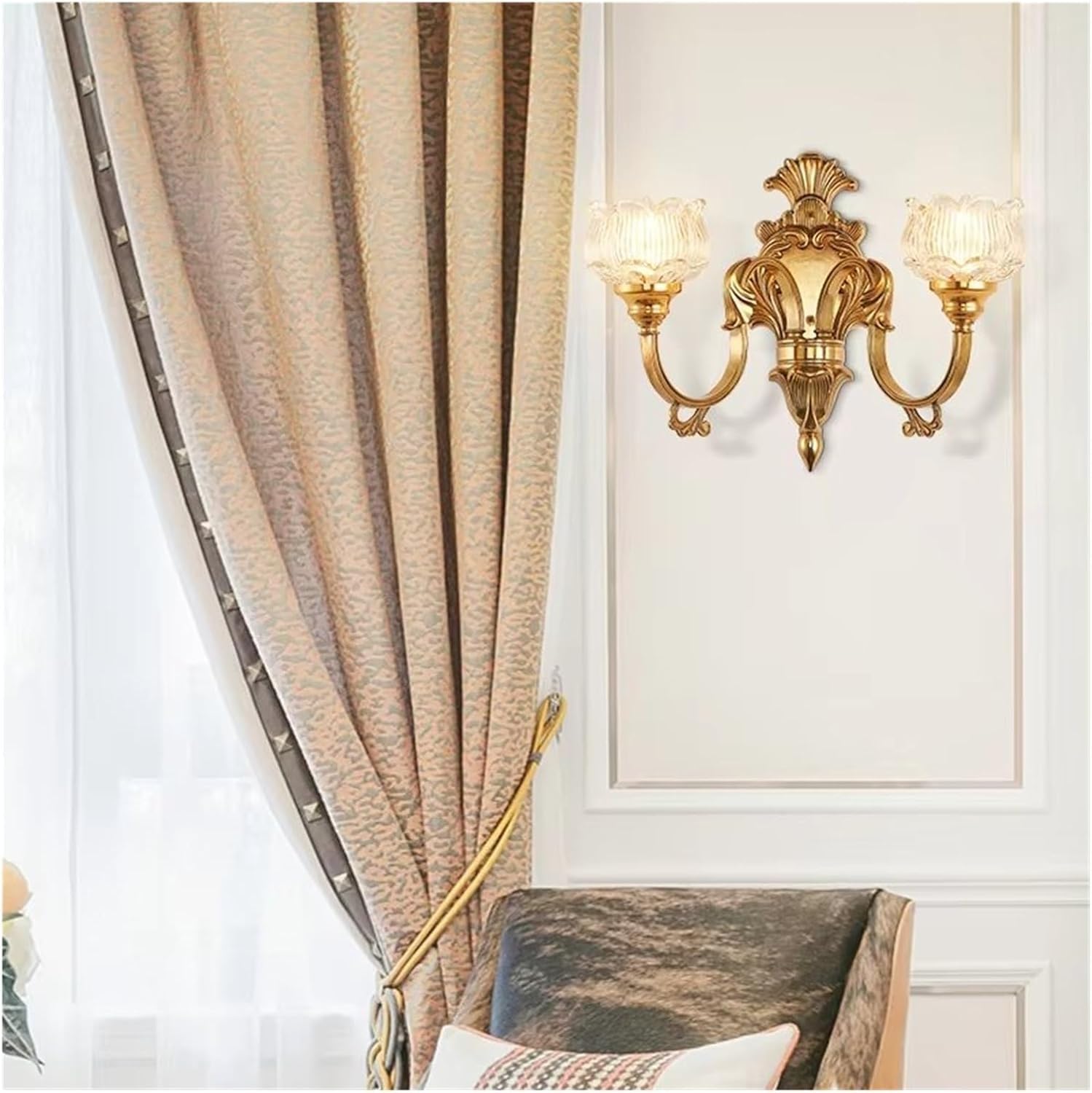 JKJZSALJ Luxury Bedroom Lighting Wall Sconces Hotel Corridor Lights European Classical Copper,Warm White-39 * 35Cm,Cool White-39 * 35cm