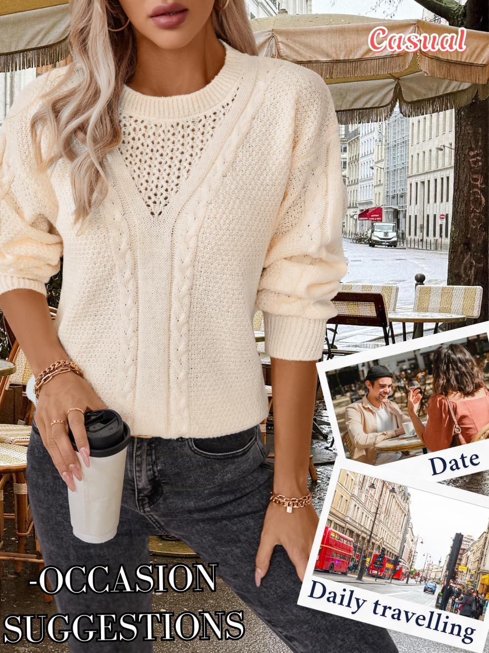 Vintage Cable Knit Sweater Women, Crew Neck Long Sleeve Chunky Sweaters, Loose Pullover Jumper Top Casual Fall Outfit - Image 7