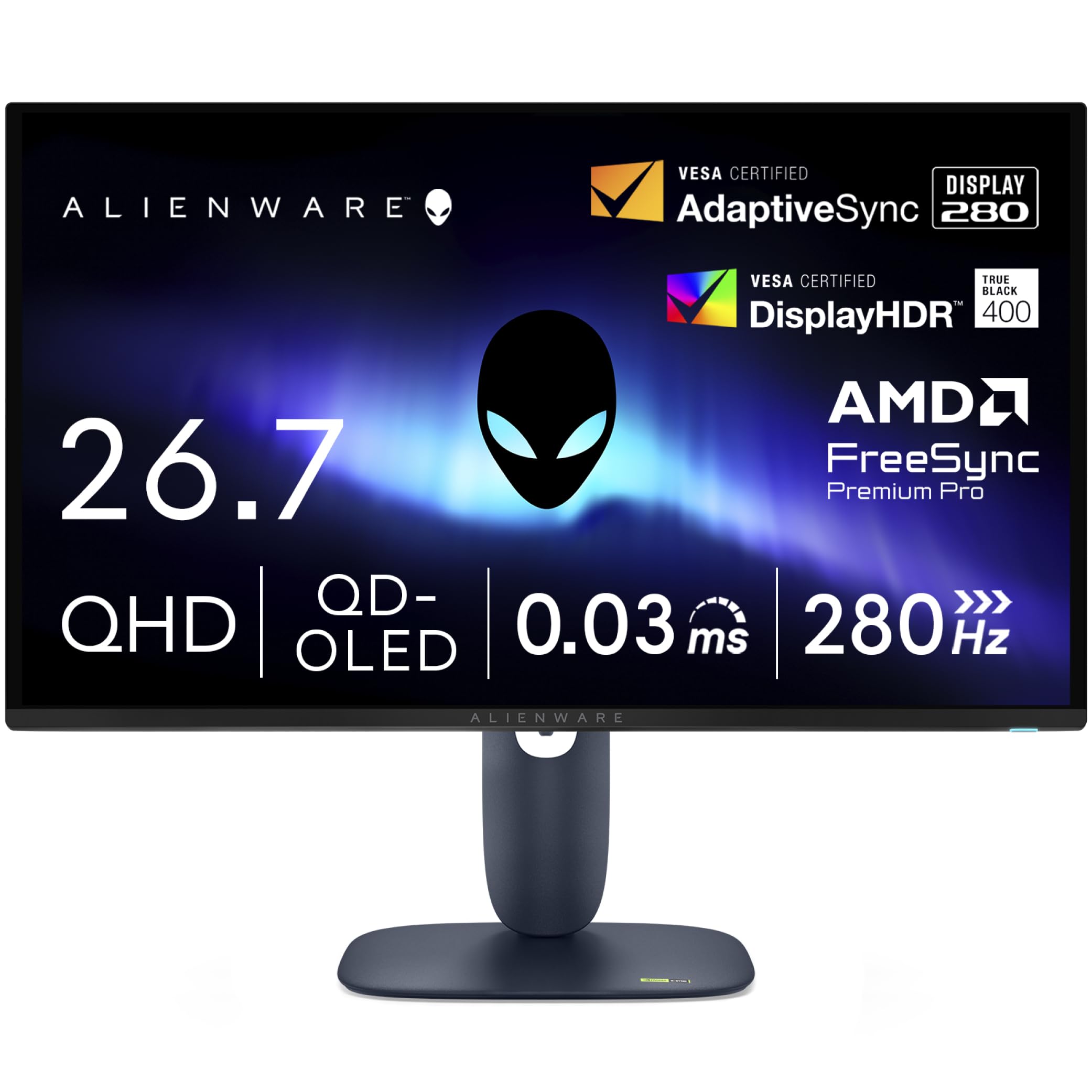 Dell AW2725D 26.7インチ 有機EL Alienware ゲーミングモニター(無輝点3年保証/QHD/QD-OLED,抗反射/DP 1.4×1,HDMI×2/DCI-P3 99.3%/縦横回転,高さ調整/0.03ms,280Hz/G-SYNC Compatible,AMD FreeSync Premium Pro,DisplayHDR True Black 400)