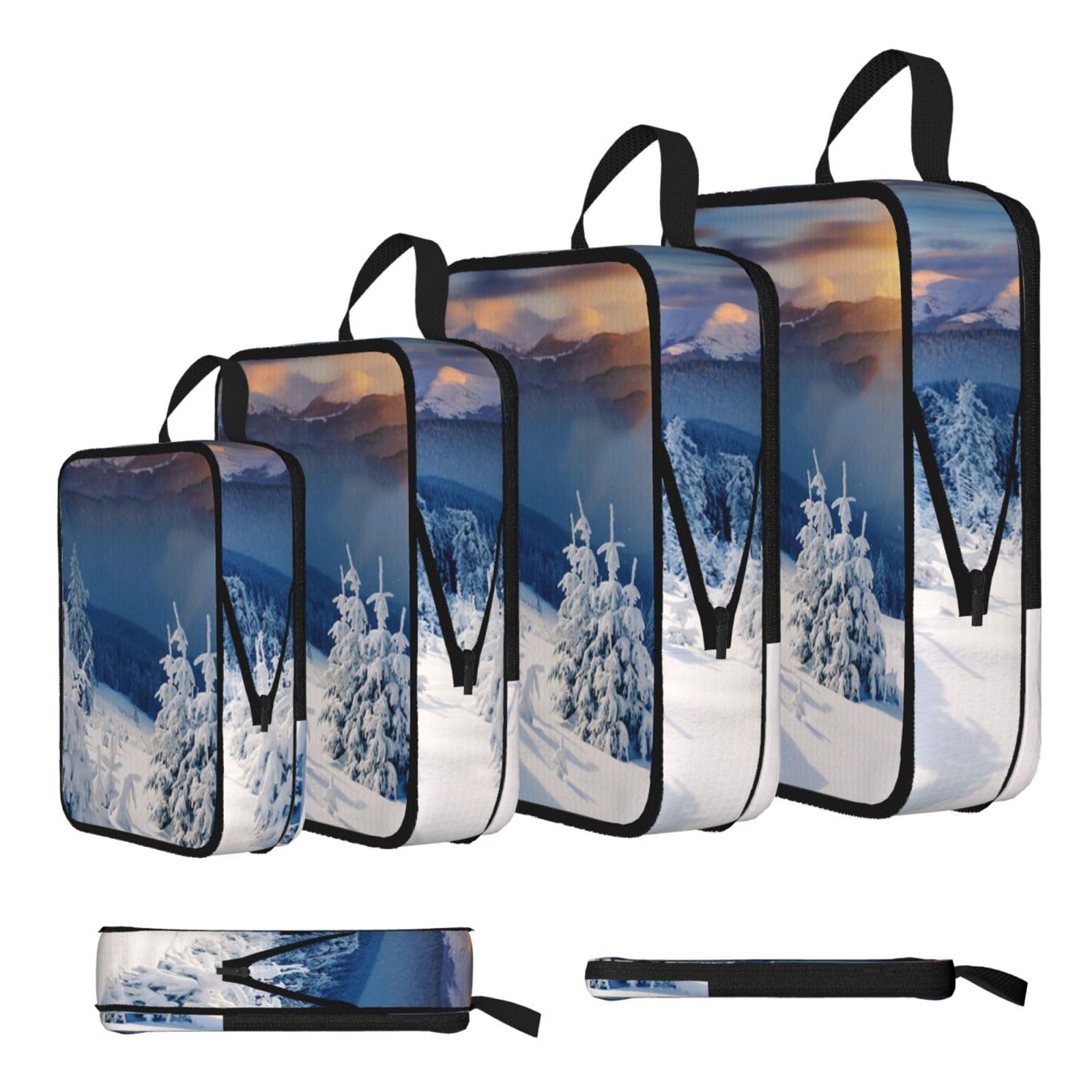 Esnaiuvcd Black Sunset Winter Mountains Print 4 Set Compression Packing Cubes For Suitcases,Expandable Storage Bags Organizers