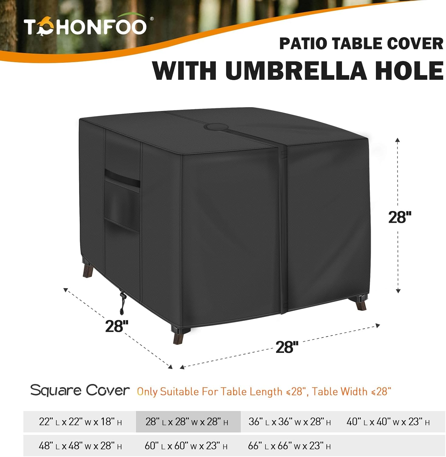 Square Patio Table Cover with Umbrella Hole - 28" L x 28" W x 28" H (Cover Size，NOT Table Size) Heavy Duty Waterproof 600D Oxford Fabric Outdoor Lawn Patio Furniture Covers