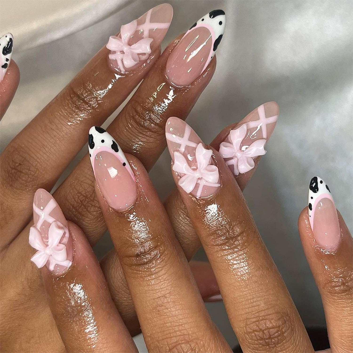 Pink Bow Ribbon Press on Nails Milk Cow French Tip Fake Nails Long Almond Acrylic Nails Glossy Reusable Stick on Nails for Women DIY Glue on Nails