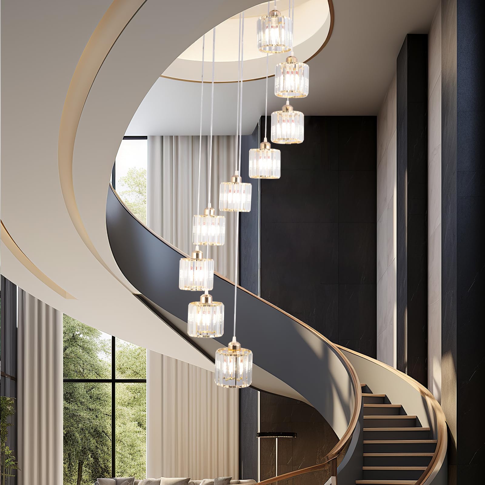 Hohe Decken Lange Kronleuchter Moderne Kristall-Pendelleuchte Raindrop Drop Lampe Hängende Kronleuchter Deckeneinbauleuchten für Treppenhaus, Foyer, Eingangsbereich Gold 9 Leuchten