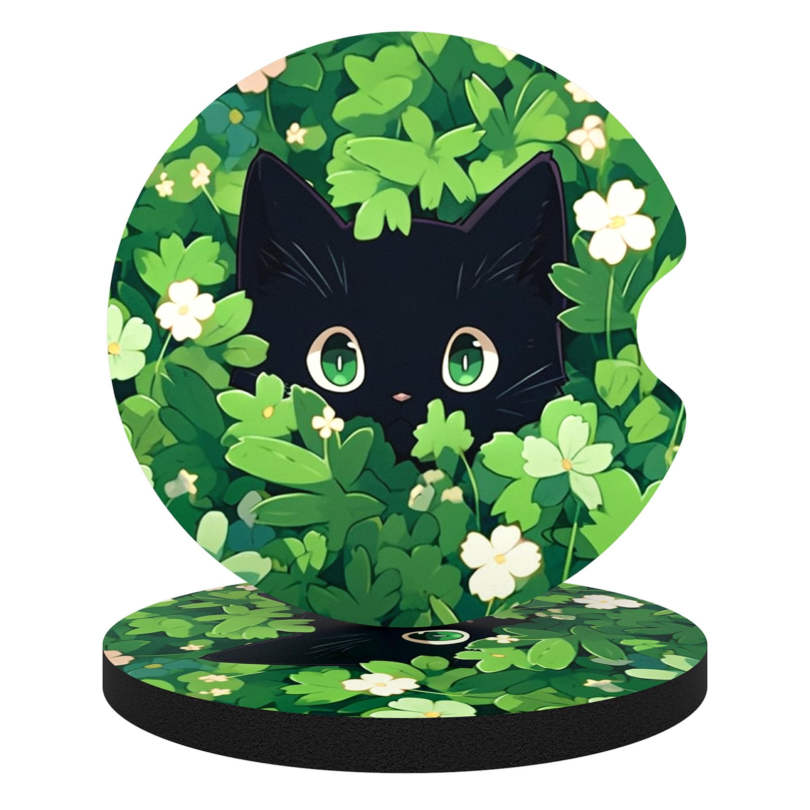 Aiawoxc Car Cup Holder Coasters, 2 Pack Universal Auto Anti Slip Insert Coaster with A Finger Notch, Cute Car Assecories for Women Men, Cup Mat for Most Interior, Green Leaf Cat
