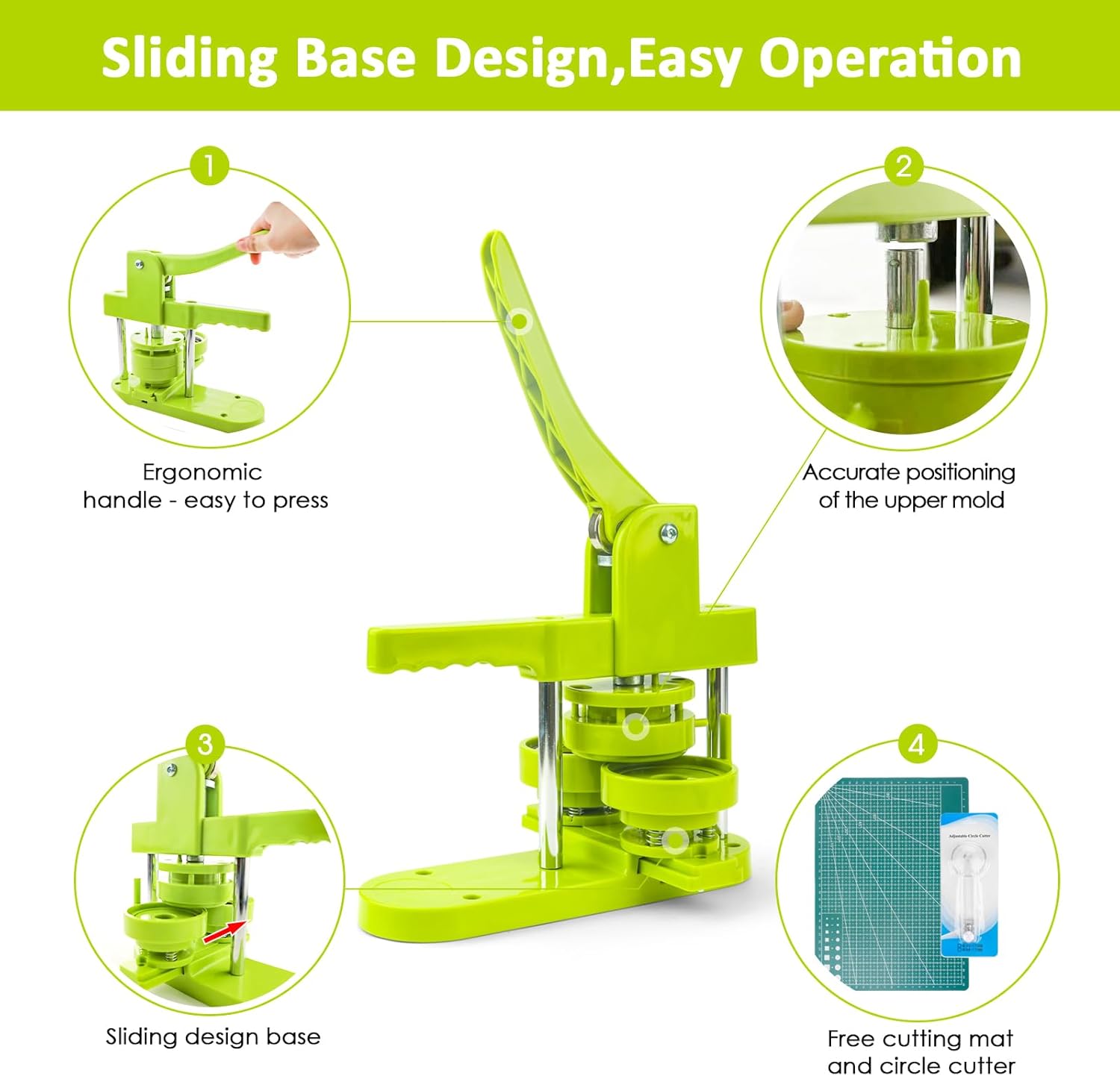 Button Maker Machine Multiple Sizes 2.25in+3in+2.24in Heart-Shaped (58/75mm/Heart), 3 in 1 Badge Press Machine with 60pcs Metal Button Parts & Circle Cutter & Cutting Mat for Pin Maker