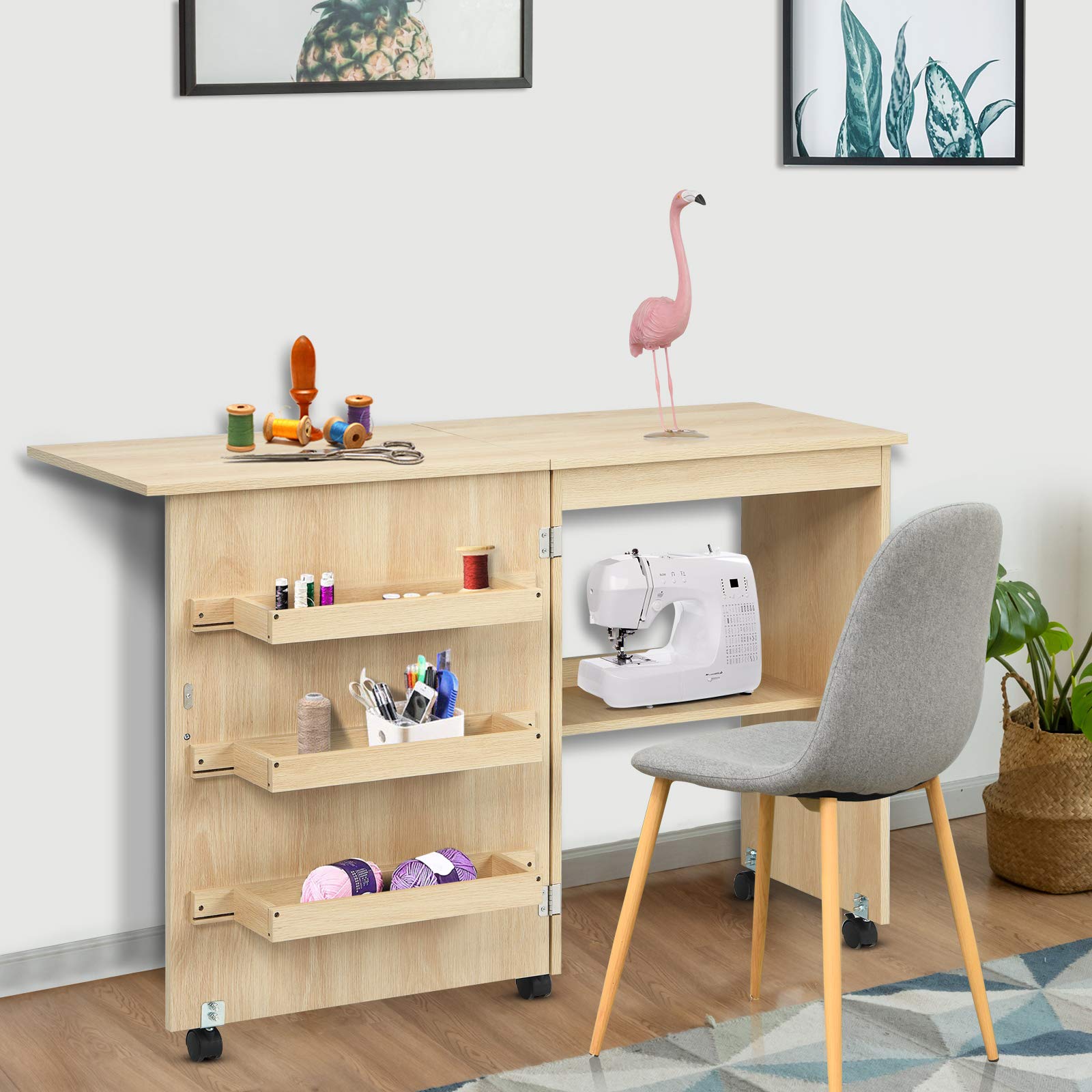 DREAMADE Table de Couture Pliante, Meuble Machine à Coudre en Bois avec 3 Étagères,Bureau Couture avec roulettes, 117X40X78CM (Couleur de Bois)