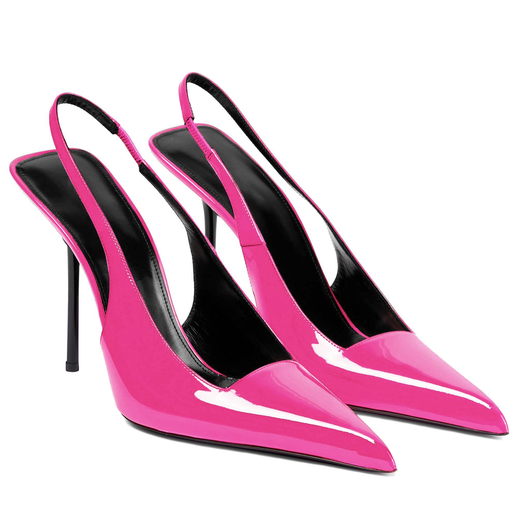 Women's Slingback Stiletto High Heels Pointed Toe Slip On Pumps Shoes Patent Leather Stretch Strap Backless Dress Heels