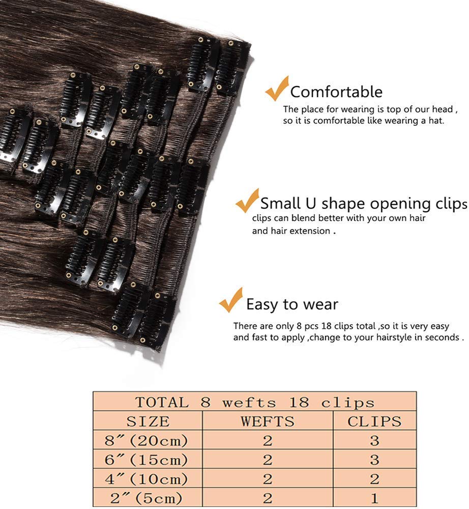 SEGO Extension per capelli naturali clip 8 pezzi – veri capelli umani basic spessore – estensione a clip per capelli naturali aggiunta capelli clip meche economici – 40 cm 02#castano scuro