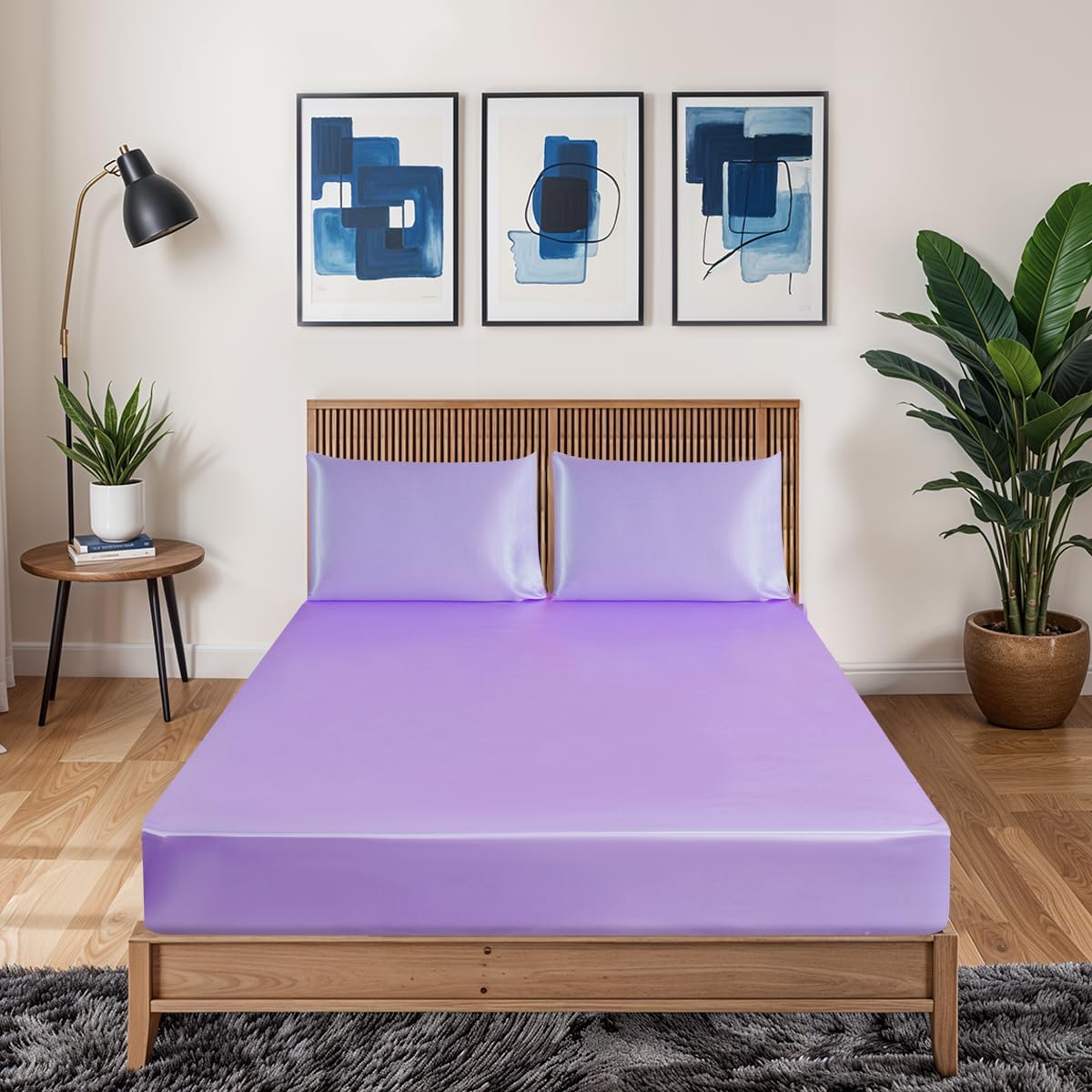 3 Pcs Satin Fitted Sheet and 2 Pillowcases 40 cm Deep Pocket Satin