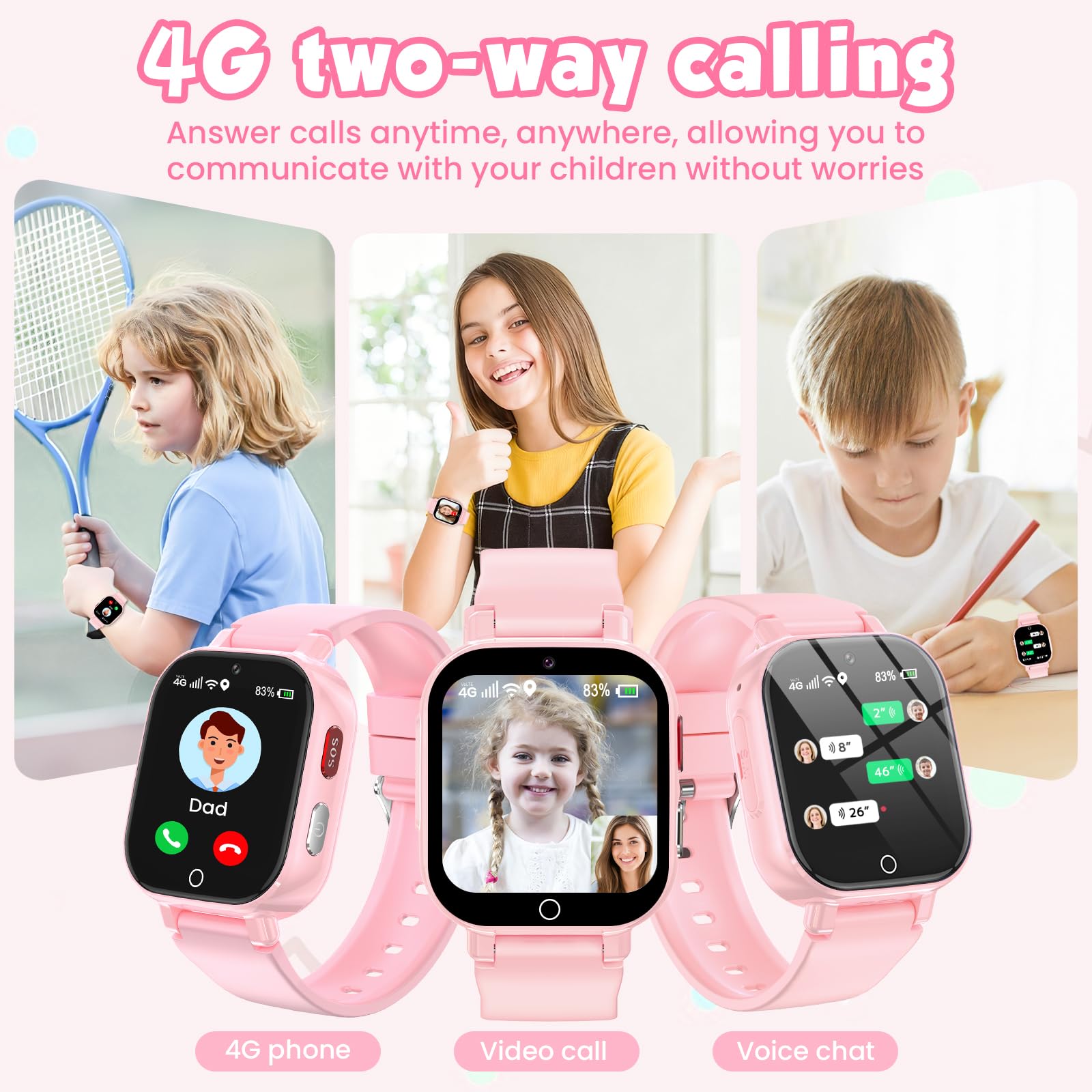 4G Smartwatch Kinder mit GPS und Telefon, Armbanduhr Junge Mädchen mit Video/Telefonanruf, SOS Notruf, Wecker, Schulmodus, Schrittzähler, Puzzlespiel, Kinderuhr für Geschenke 4-12 (4G Rosa)