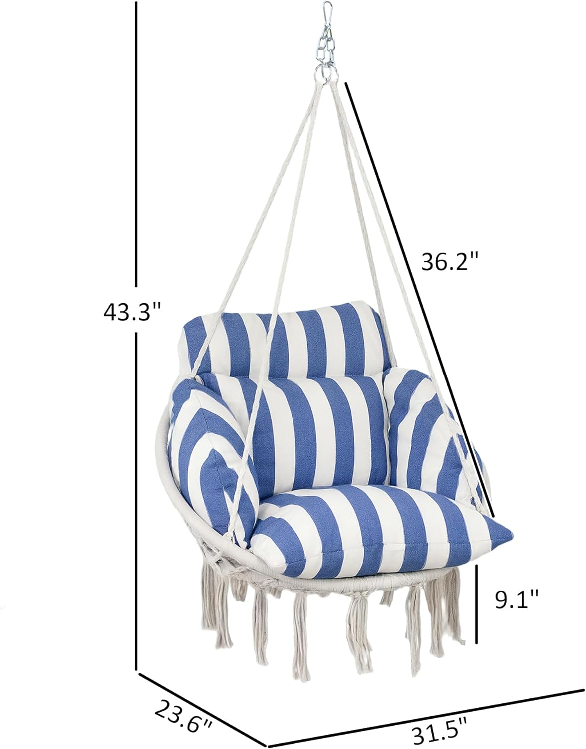 Illustrations showing four different ways to hang the hammock chair: from a ceiling hook, a single swing stand, a double swing stand, and a C-stand.