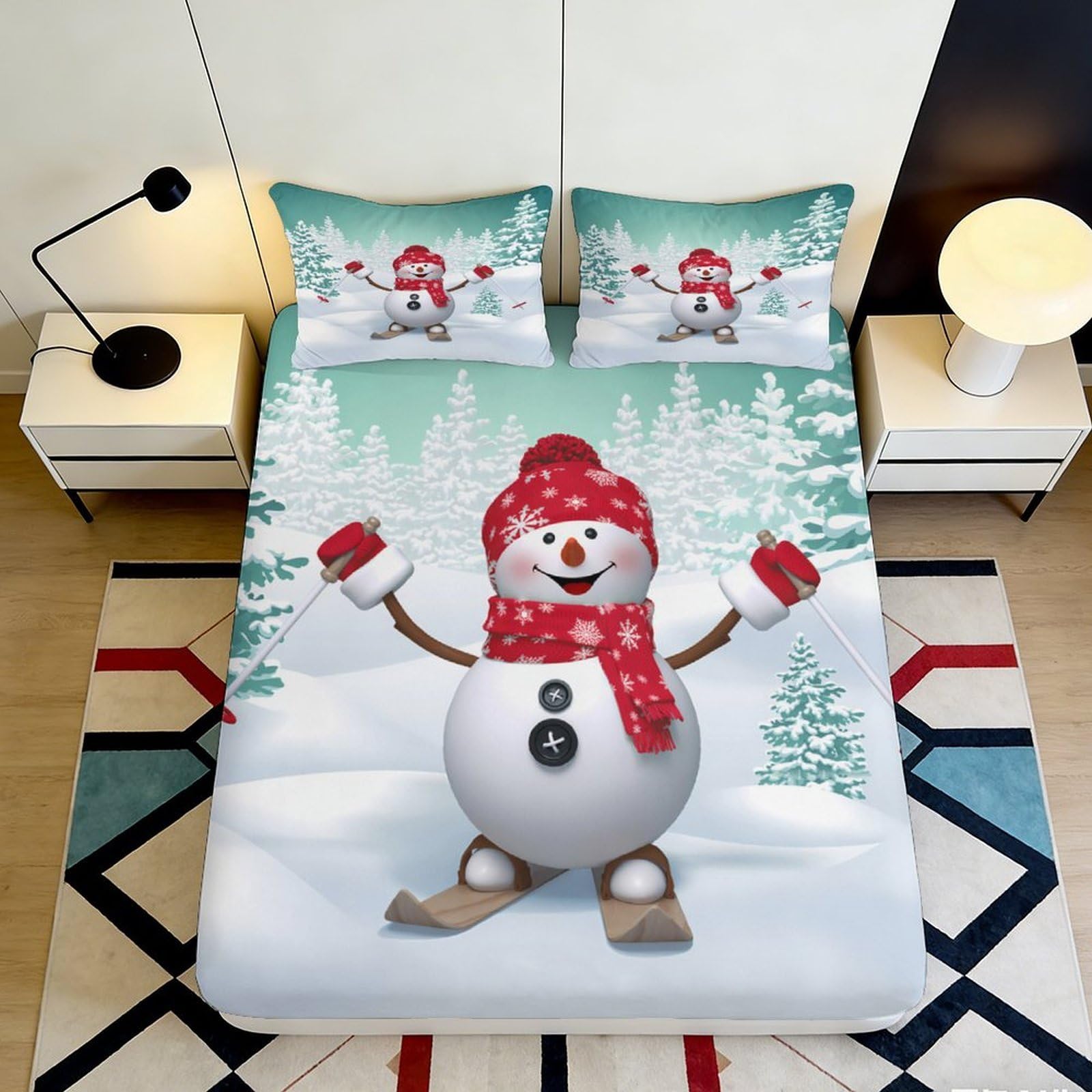 3D Printed Skiing Snowman Fitted Sheet Microfiber Winter Forest Mattress Cover for Bedroom Guest Room Decor 140x200x25cm