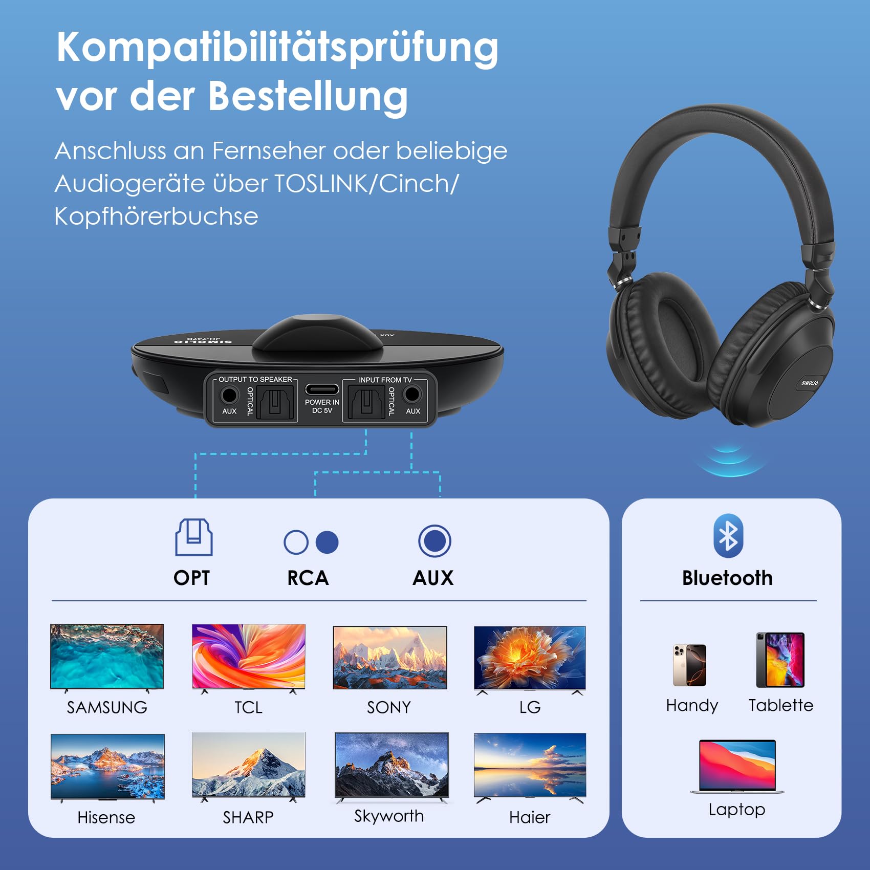 SIMOLIO Bluetooth TV Funkkopfhörer mit klarem & lautem Klang – Kabellose Kopfhörer & Sender für Gruppenhörer für Partys, Silent Discos, Kirchen, geringer Latenz TV – mehrere wiederaufladbare Headsets | 4 Kopfhörer mit Sender, geringe Latenz, leises Disco-