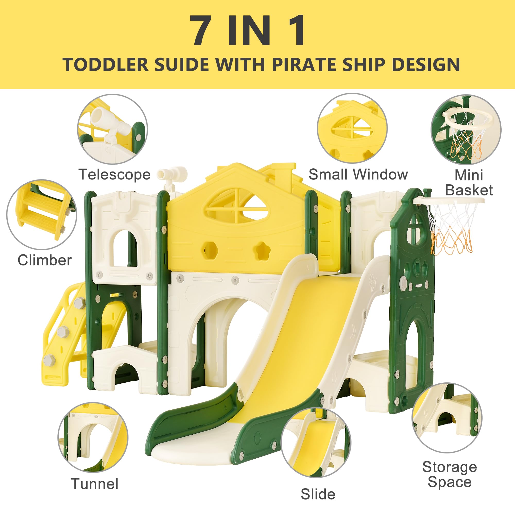 Kinder Rutsche, 7 in 1 Kinderrutsche mit Slide, Climber, Telescope, Small Window, Basketballkorb, Storage Space und Tunnel, Indoor-Kunststoffrutschenset, Montessori-Spielzeug für Den Spielplatz