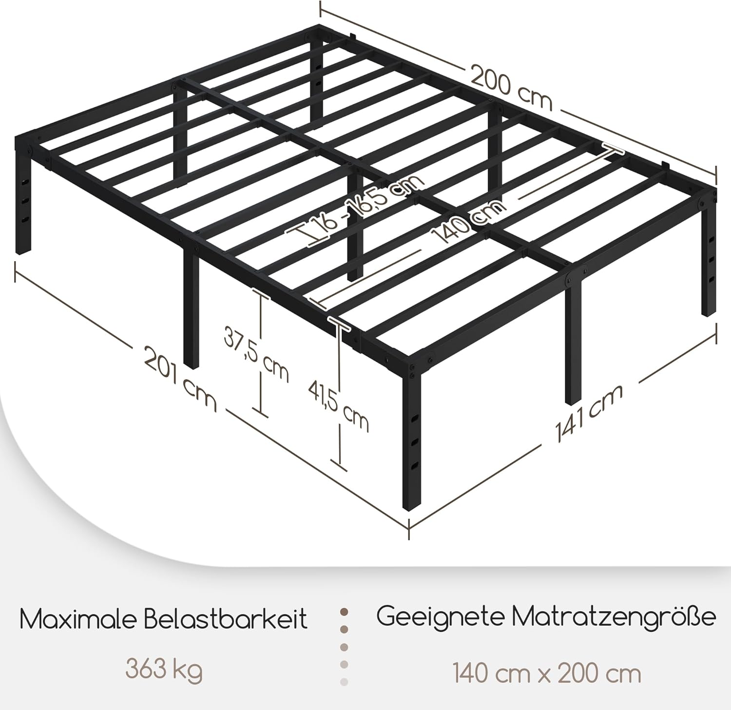 Diagram showing the dimensions of the Yaheetech bed frame (201cm length, 141cm width, 41.5cm height, 37.5cm under-bed clearance) and its maximum load capacity of 363 kg.