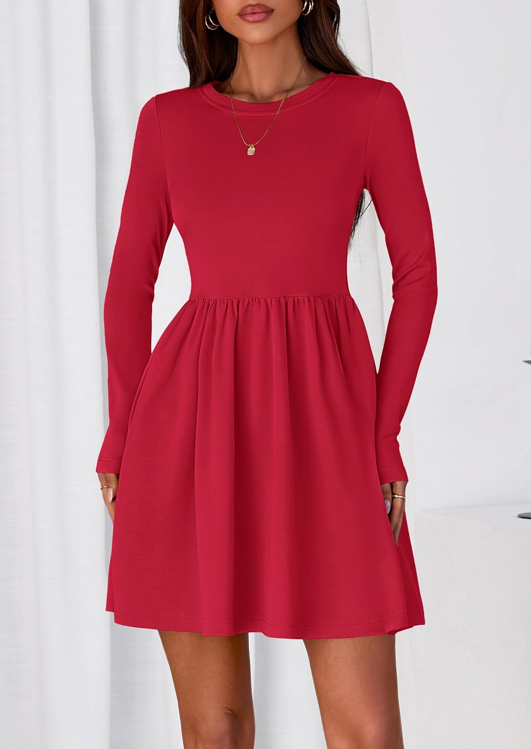 PRETTYGARDEN Women's Long Sleeve Mini Dresses 2026 Spring Casual Pleated A Line Party Cocktail Short Babydoll Dress Pocket - Image 8