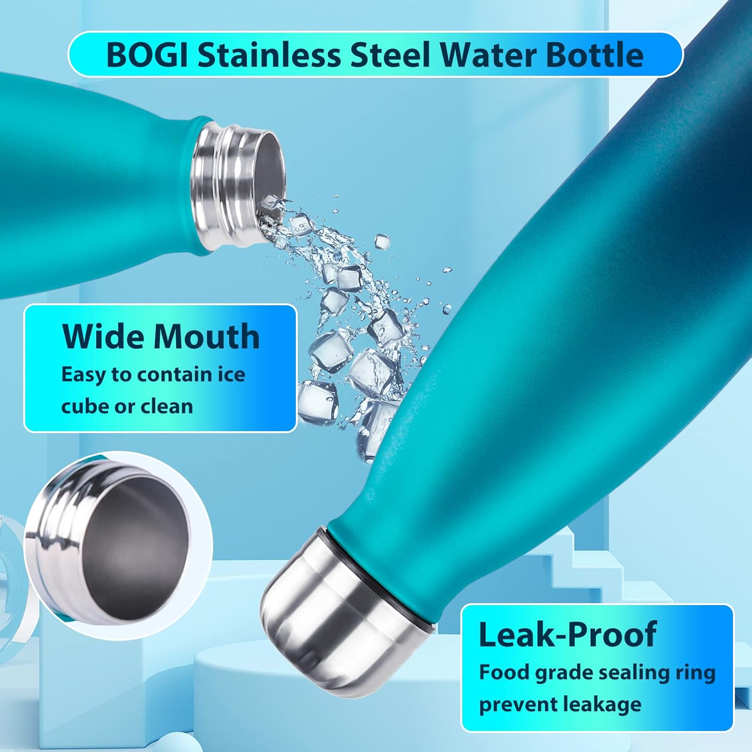 BOGI Insulated Water Bottle, 17oz 2 Pack Stainless Steel Water Bottles, Leak Proof Sports Metal Water Bottles Keep Drink Cold for 24 Hours and Hot for 12 Hours BPA Free kids water bottle for School - Image 5
