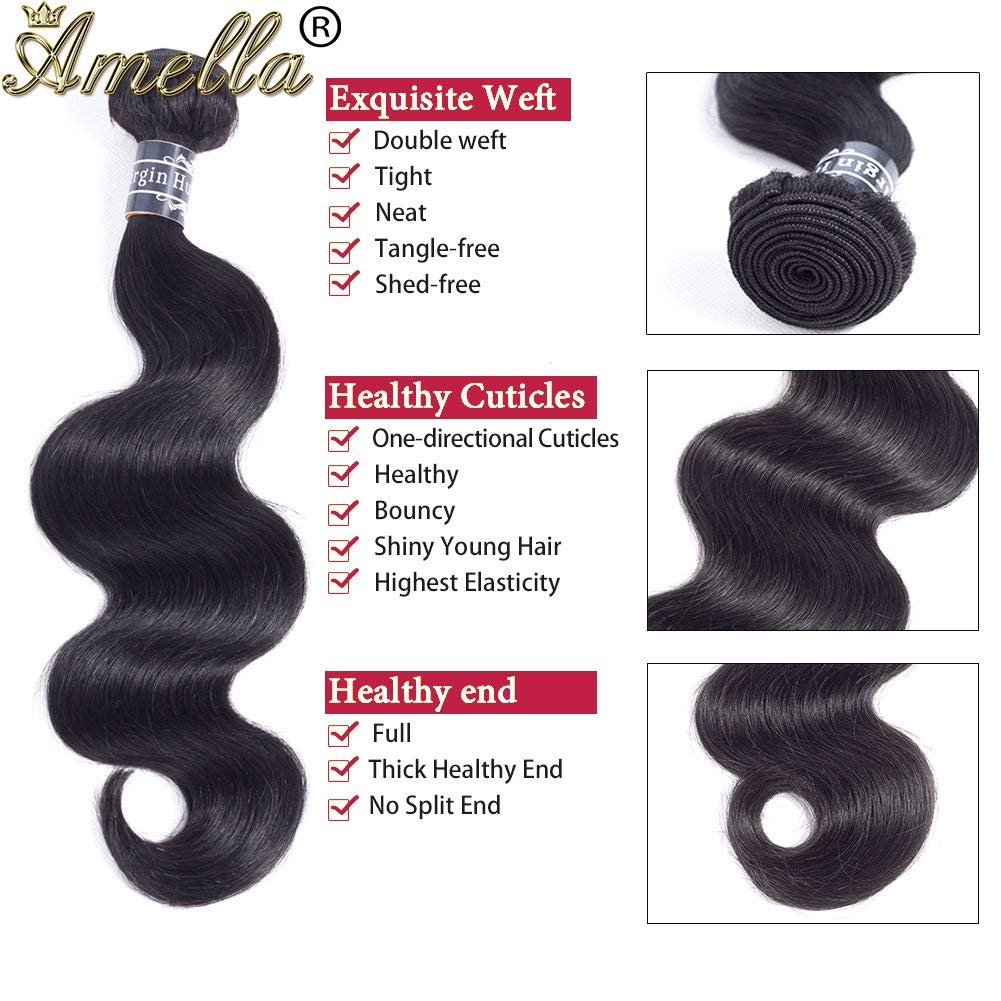 Amella Hair 8A Brazilian Body Wave Human Hair 4 Bundles (12 14 16 18) Brazilian Virgin Remy Hair Weave Bundles Unprocessed Body Wave Virgin Bundles Remy Extensions