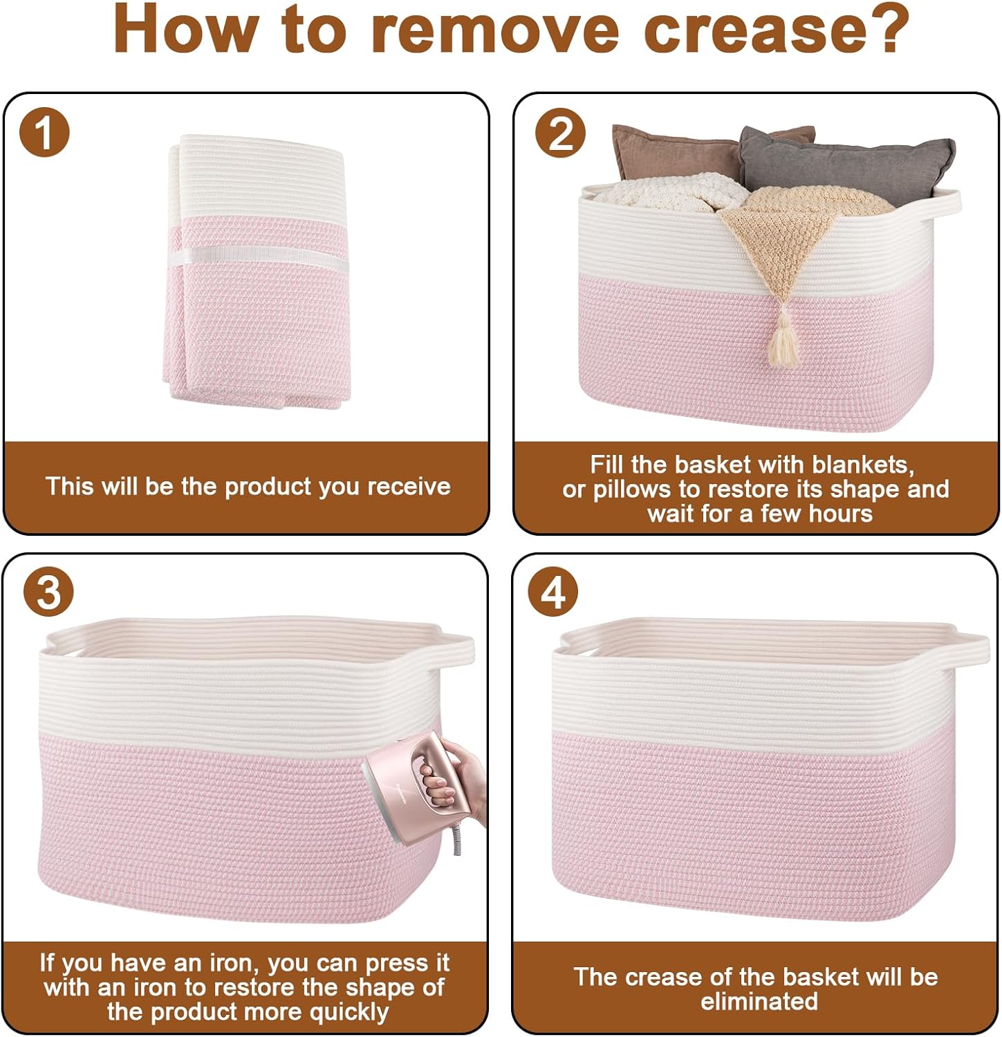 XXXL Large Blanket Basket, 108L Cotton Rope Storage Basket for Living Room, Supre Large Toy Baskets for Kids, Woven Basket for Clothes, Towels, Pillows, 25" x 16" x 16", Pink and White - Image 7