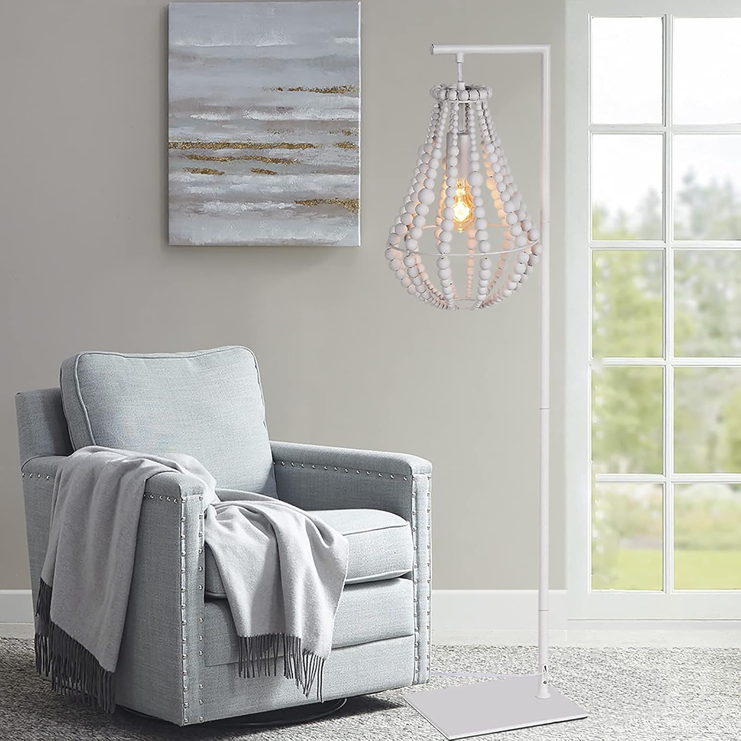 Boho Floor Lamp for Bedroom, Wood Beaded Floor Lamps, 59" Tall Standing Lamp, Boho Light Fixture, White Farmhouse Floor Lamp for Living Room, Office