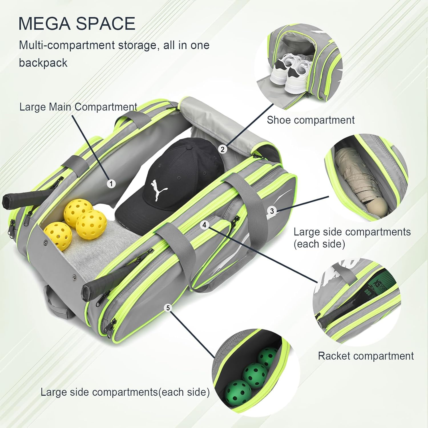 Pickleball Bag - Large Paddle Bag for 4 Paddles & Accessories - Fence Hook, Extra Pockets, Shoe Compartment - Image 2