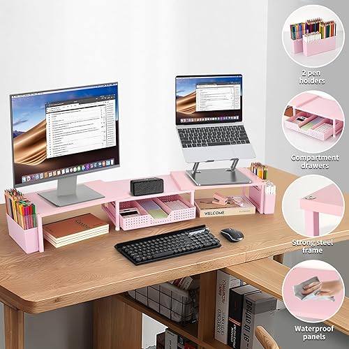 Miniatura 4 de OPNICE Wood Desk Organizers and Accessories, Dual Monitor Stand Riser with Drawer and 2 Pen Holders, Desk Shelf Computer Racks for Office Workspace