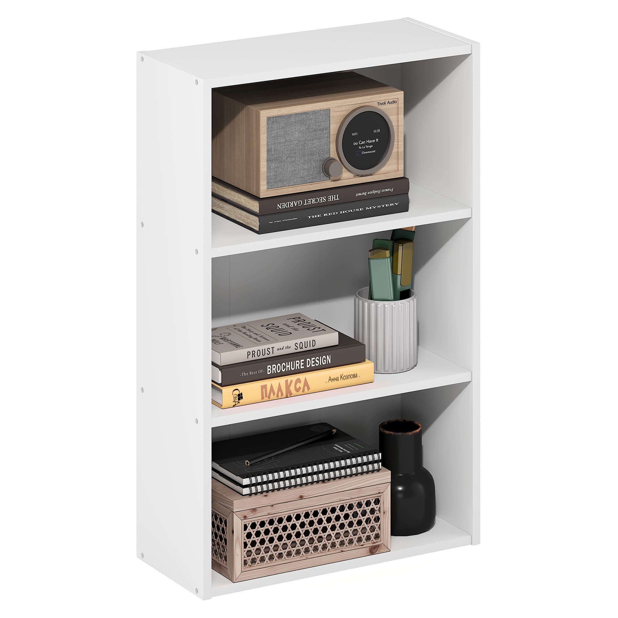 Furinno Basic Book Shelf, 3-Tier Bookshelf, Cube Storage Organizer Bookcase with Open Shelf, 7 x 17 x 26, for Living Room, Bedroom, Home Office, White