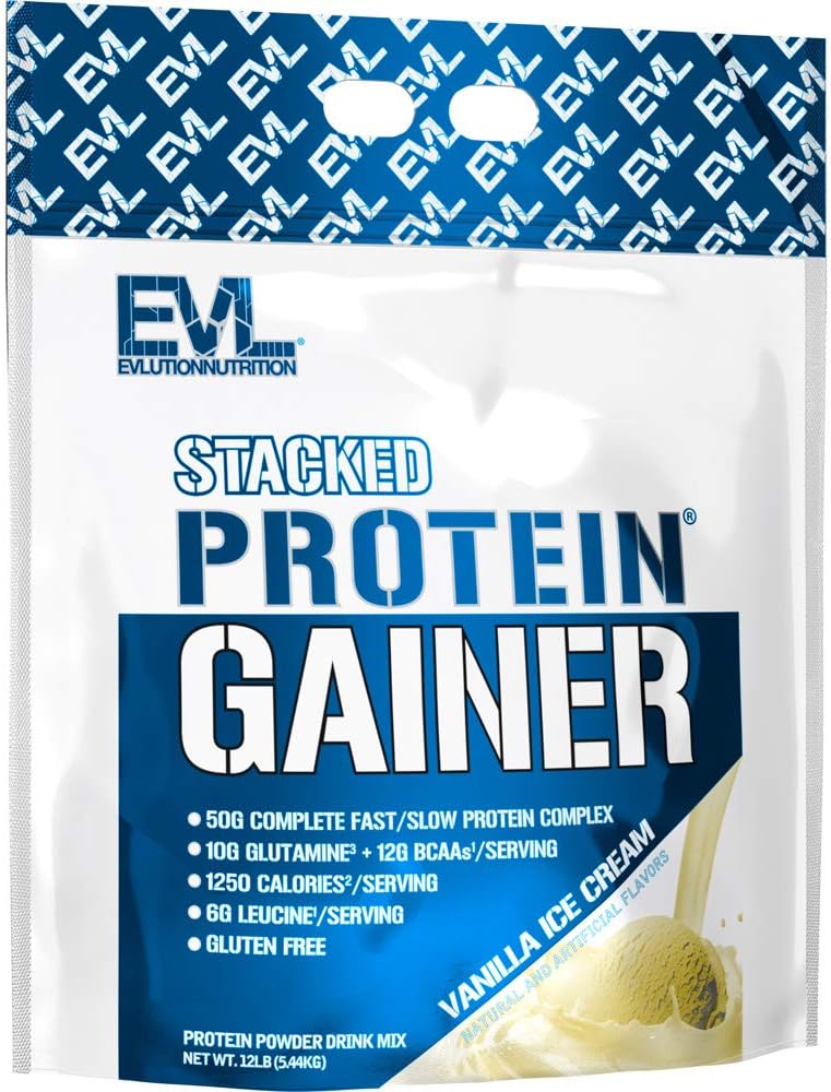 EVL Stacked Protein Gainer Protein Powder with 50 Grams of Protein, 12 Grams of BCAAs and 10 Grams of Glutamine - 12lb (Vanilla Ice Cream)