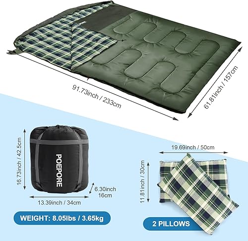 Vista 43 de Saco de dormir doble de franela para adultos con 2 almohadas, sacos de dormir para 2 personas, camping, XXL, tamaño Queen, saco de dormir para dos