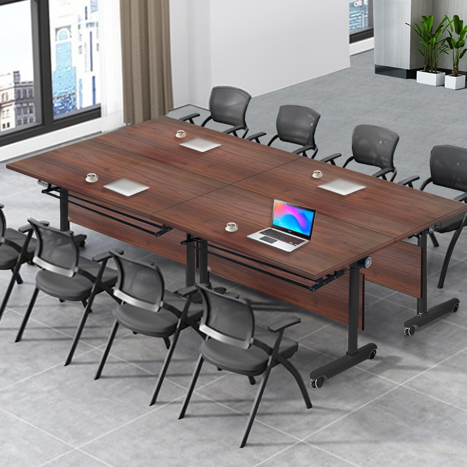 Folding Conference Table with Flip Top, Mobile Rectangular Training Tables with Casters, with Strong Metal Frame, Suitable for Meeting Rooms, classrooms and Training Rooms