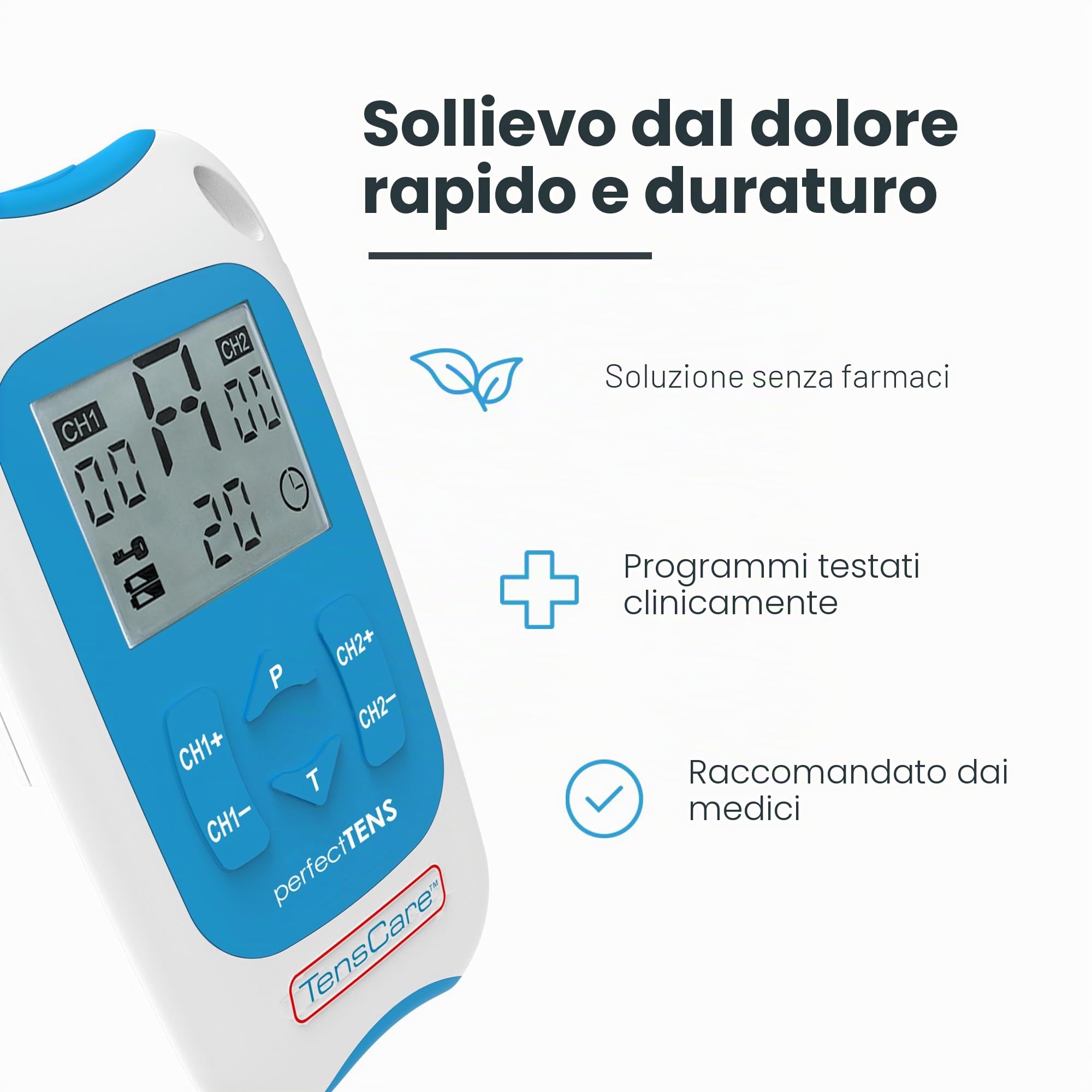 TensCare Perfect TENS - Dispositivo TENS con 16 elettrodi per sollievo dal dolore, programmi clinicamente testati per mal di schiena, artrite, dolore cronico, 2 canali