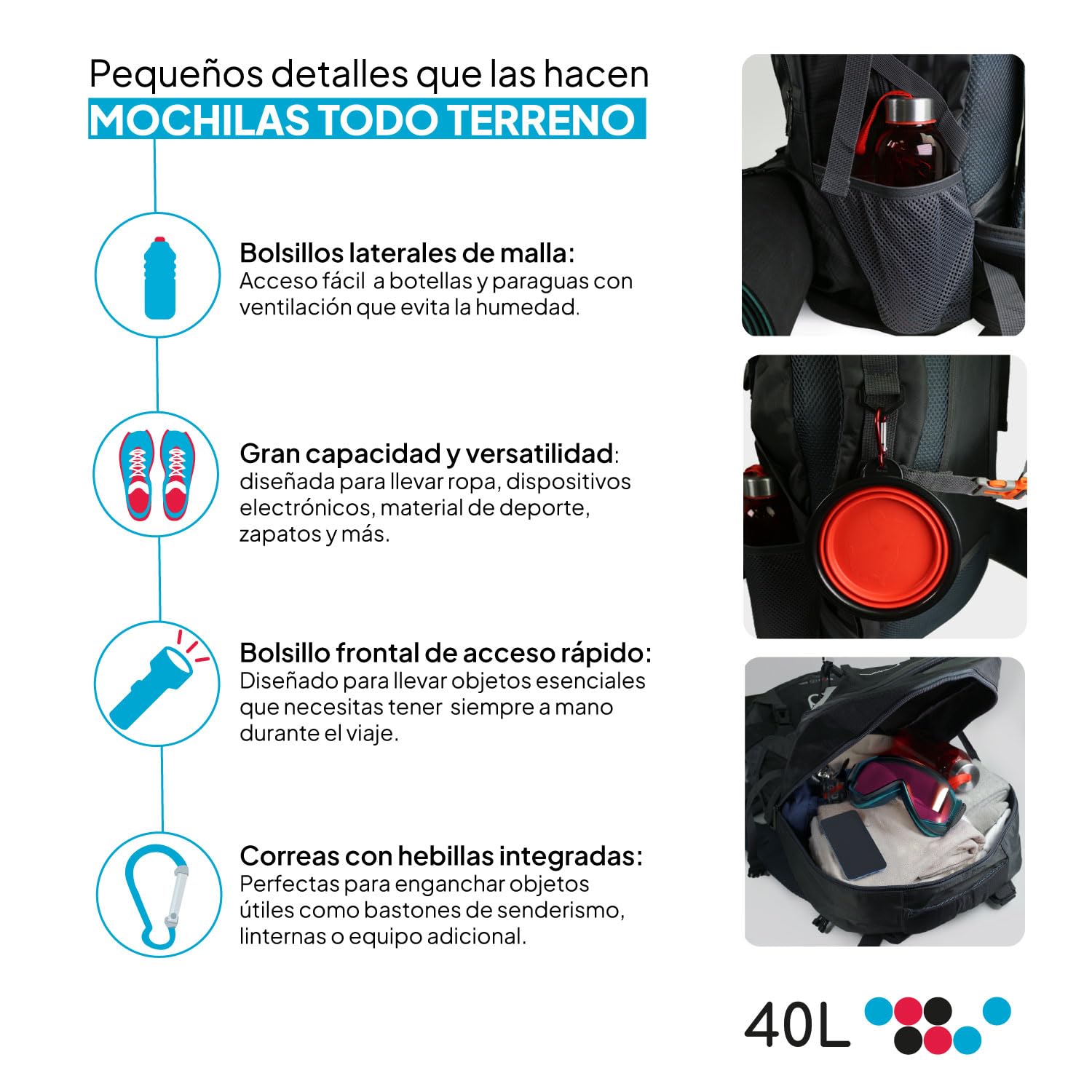 OcioDual Mochila Senderismo 40 Litros, Mochila Trekking, Montaña y Camino de Santiago, Multifuncional, Ligera, Mochilas Hombre para Camping, Acampada, Marcha Nórdica, Supervivencia, Verde