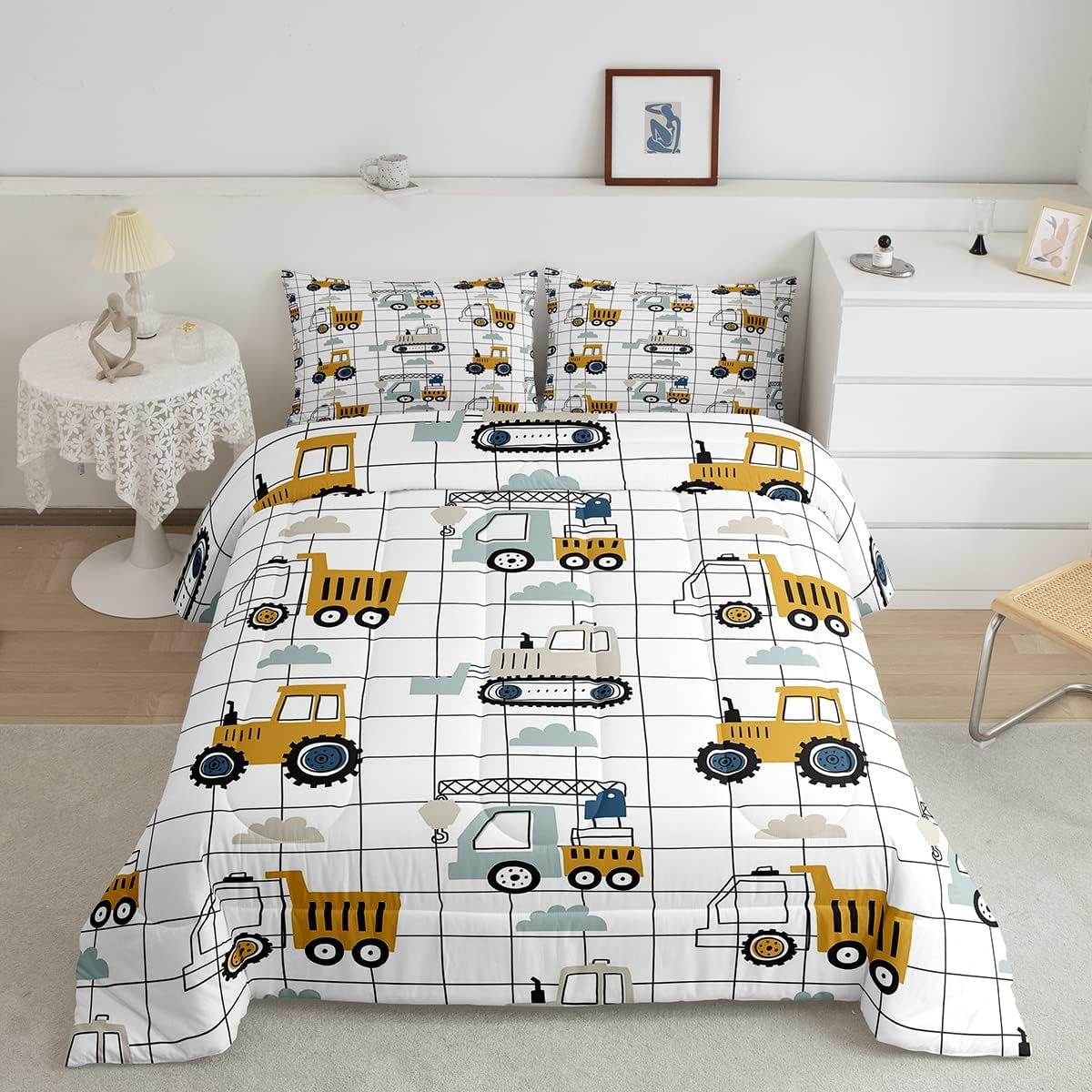 Kids Cartoon Car Comforter Set Boys Cute Excavator Tractor Comforter Toddler Construction Bedding Set Children Vehicles Truck Cars Quilt Set Black White Grid Duvet Set Bright Bedroom Decor Q