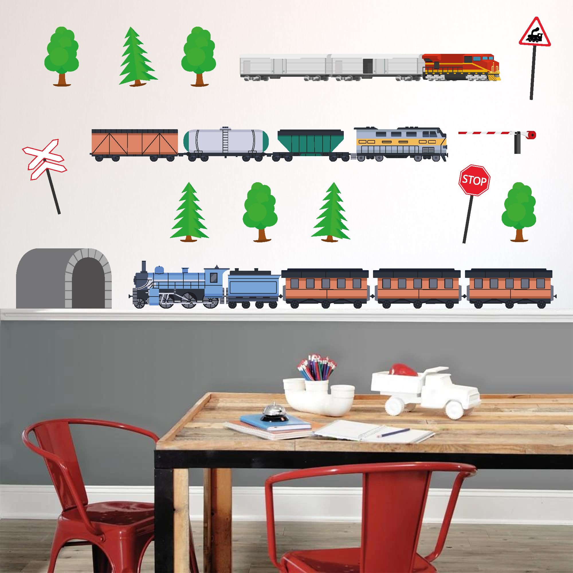 Train Wall Sticker - Set of Trains Decal Wall Art (60cm Width x 30cm Height)