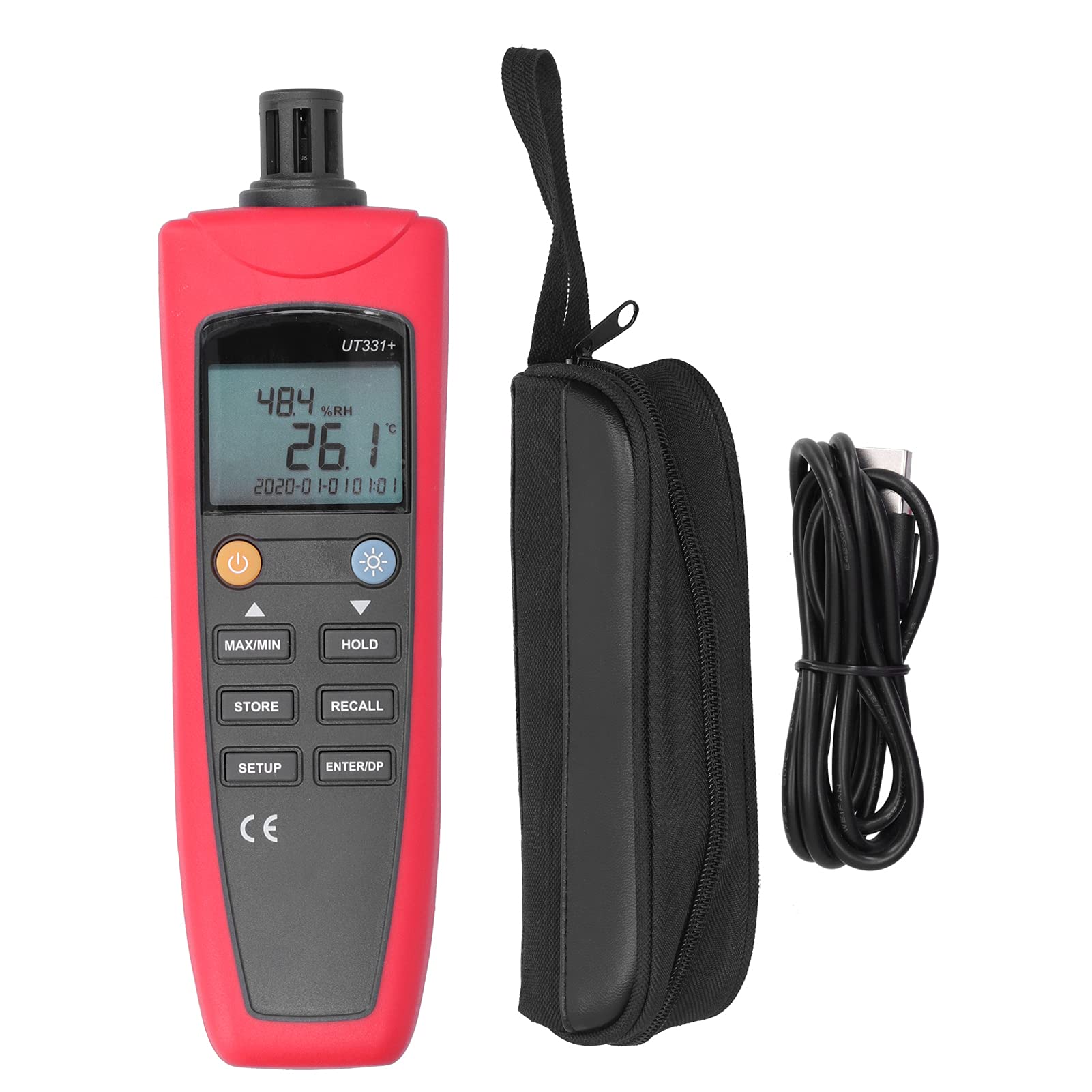 lyrlody Termómetro Digital UT331 Plus Medidor de Humedad y Temperatura ABS Higrómetro de 4 a 158 F con Punto de Rocío Bombilla Húmeda Retención de Datos Exportación USB para Uso en Laboratorio en
