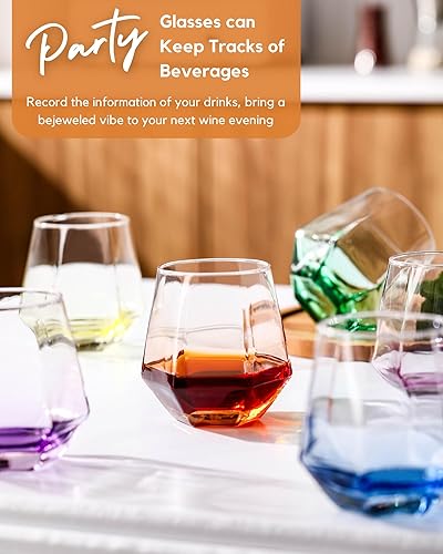 Miniatura 2 de ColoVie Juego de 6 copas de vino sin tallo, copas de cóctel, copas de vino en forma de diamante para vino blanco o tinto, vasos coloridos únicos, 10