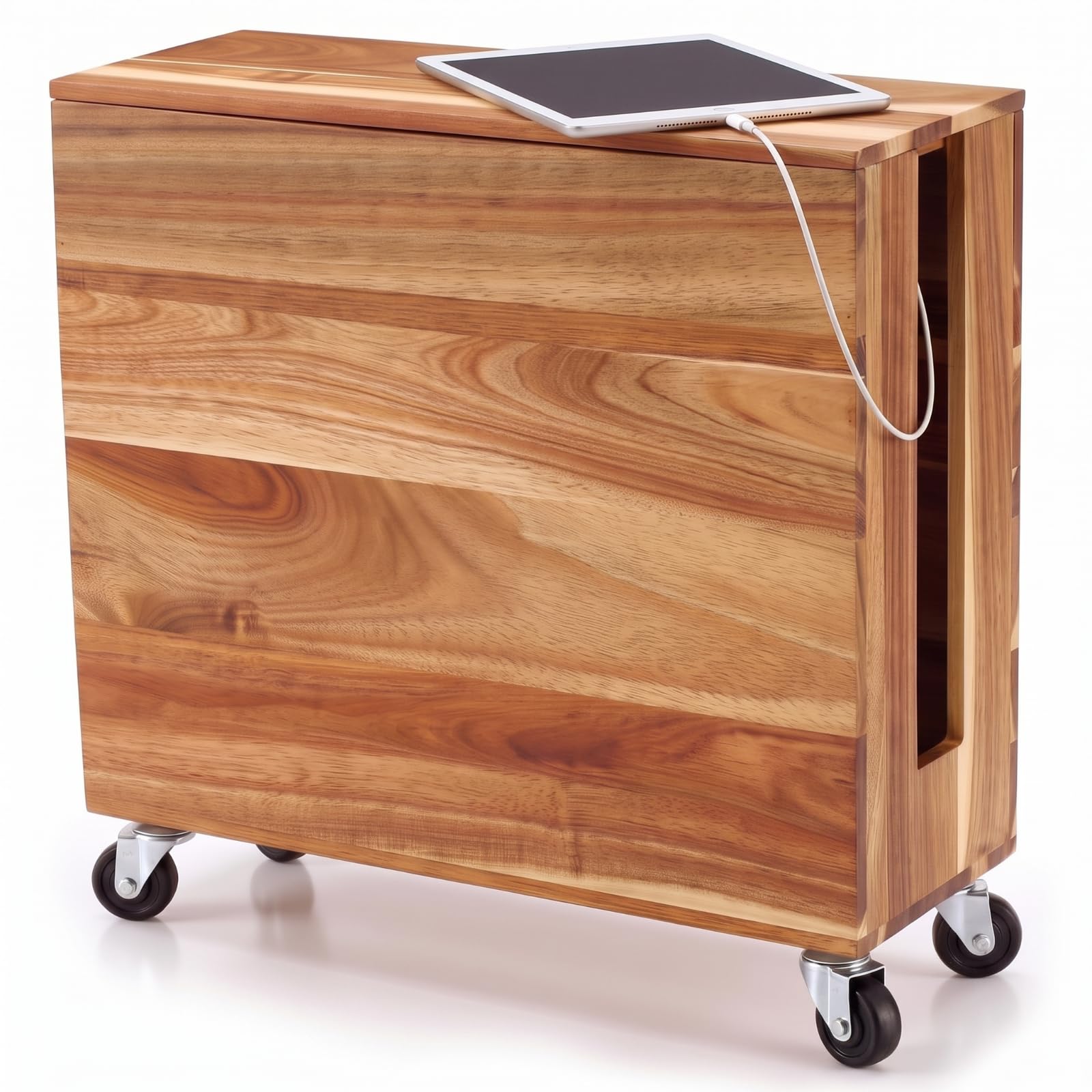 Extra Large Acacia Wood Cable Management Box with Caster Wheels, Wood Color