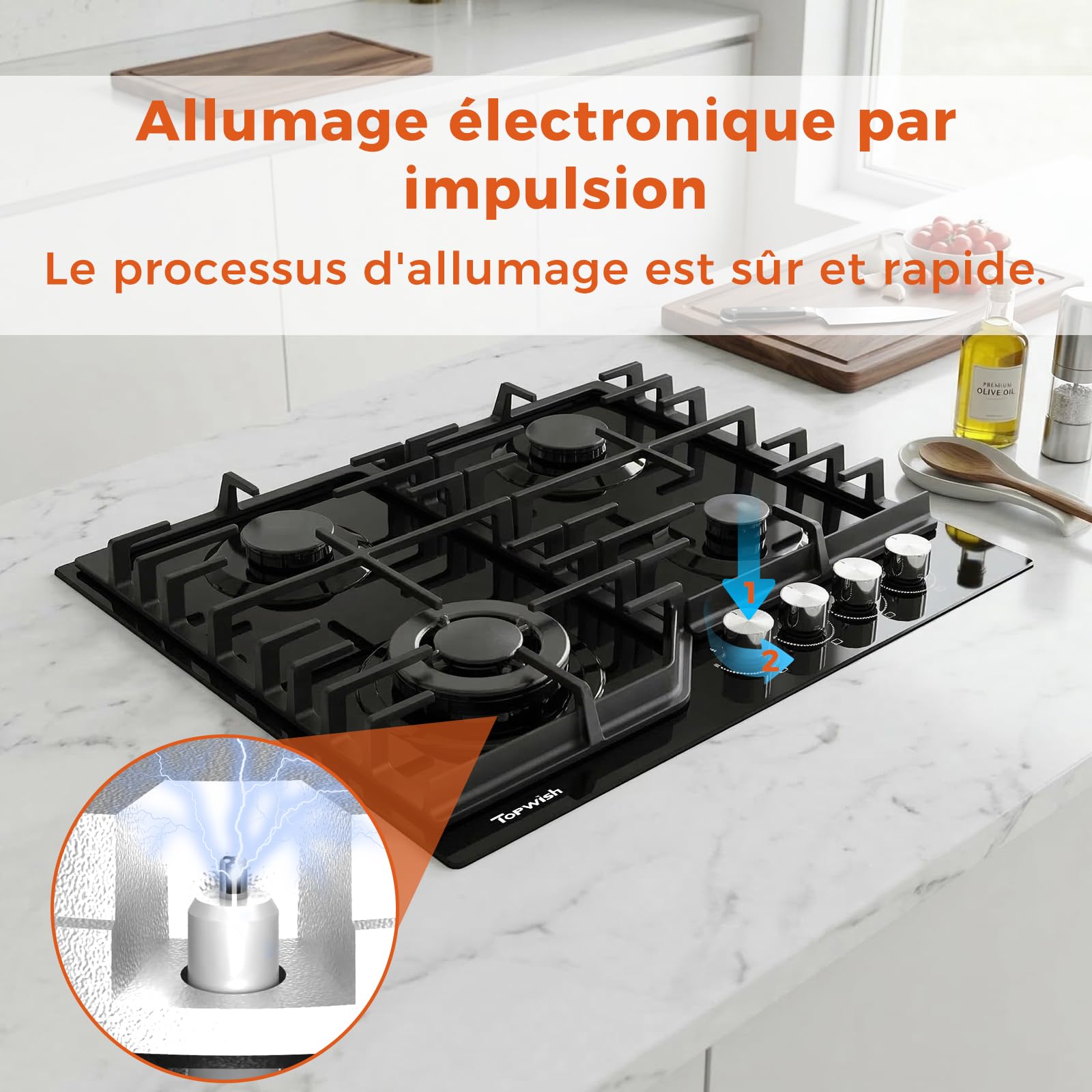 TOPWISH plaque de cuisson gaz 4 feux, plaque gaz 4 feux, table de cuisson encastrable 60cm avec blanc bouton rotatif éclairé, NG/LPG décapotable, protection d'extinction, allumage automatique, 8000W