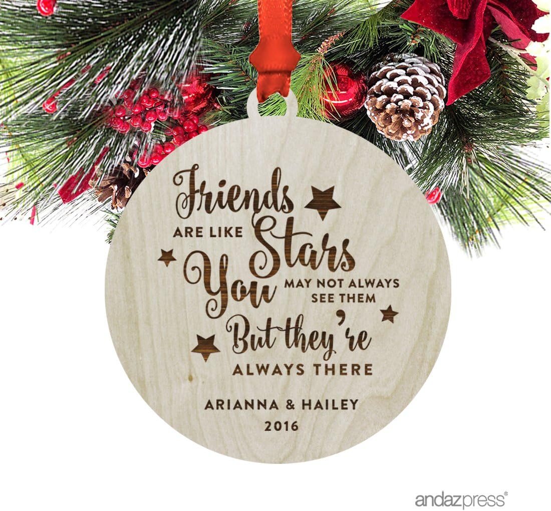 Andaz Press Personalized Laser Engraved Wood Christmas Ornament with Gift Bag, Friends are Like Stars You May Not Always See Them But They're Always There, 2024, Round, 1-Pack, Custom Name(s)