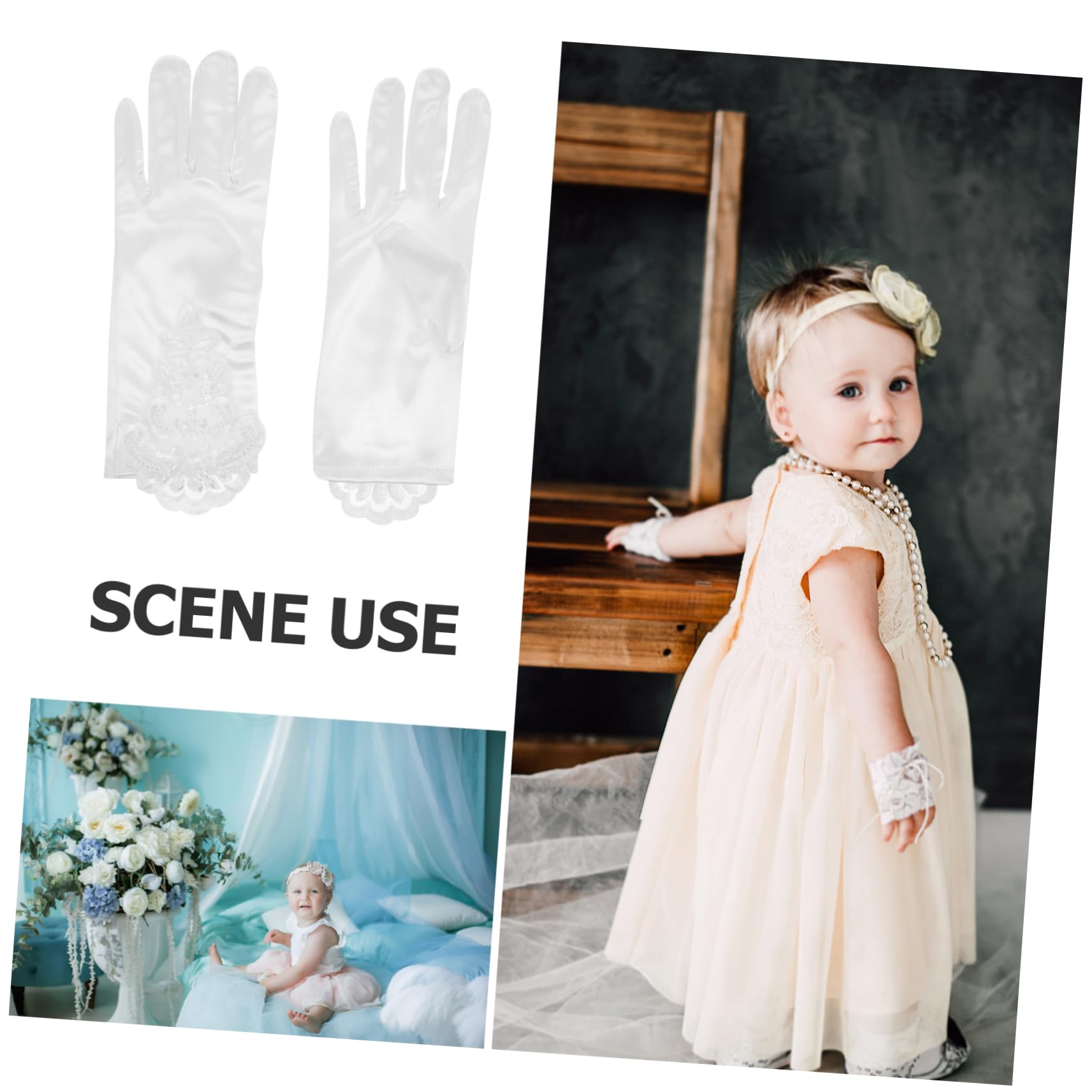 Healvian Pair Boys and Girls Gloves Lace Gloves for Girls White for Party Wedding Stage Performance