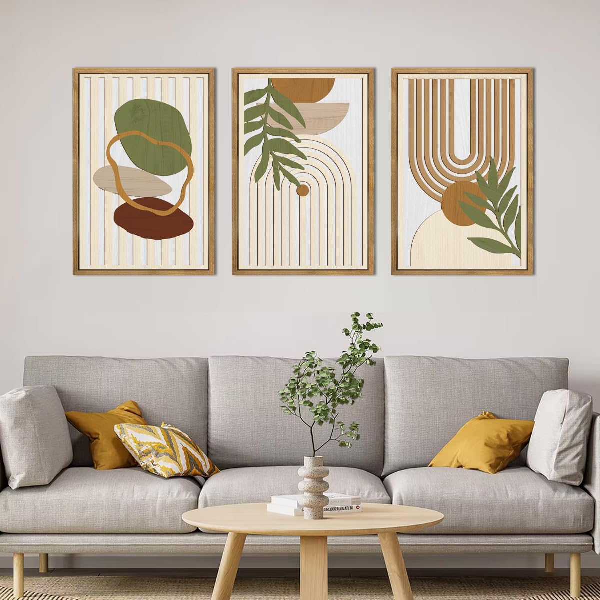 DRACIT Large Boho Minimalist Geometric Wooden Framed Canvas Wall Art Set,Neutral Sage Green Beige Wall Decor,Modern Mid Century Leaf Wall Sculptures for Living Room,Bedroom,Office-16 x24 x3 3D Sage Green Wooden Decor