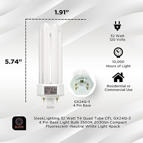 Miniatura 2 de SLEEKLIGHTING 32 W T4 Tri Tube CFL 4 Pin GX24Q-3 Bombilla Base 3500K 2030lm - Fluorescente Compacto - Luz blanca neutra 4 unidades