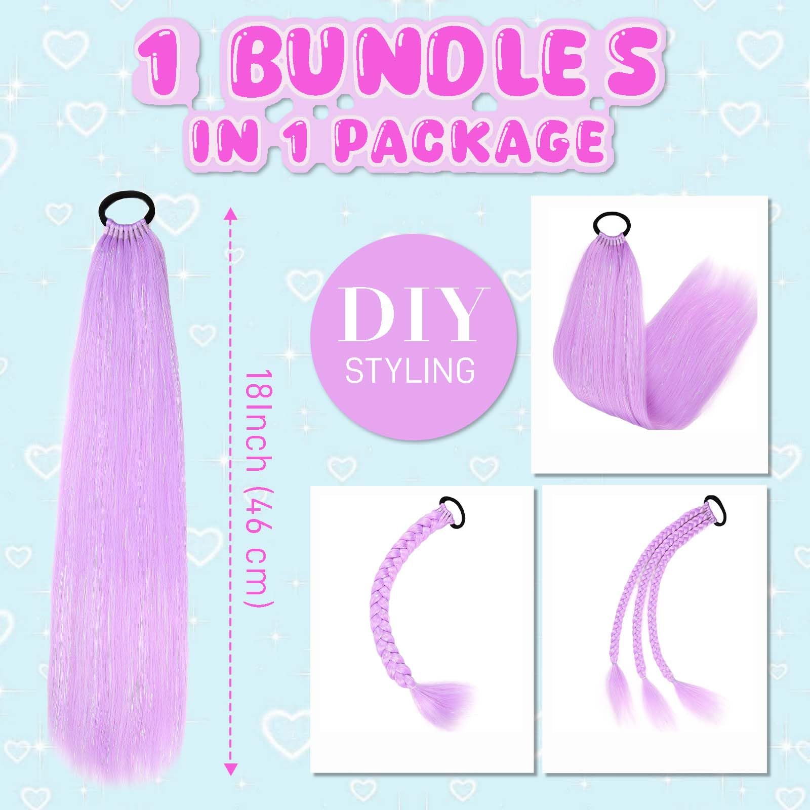 Rainbow Ponytail Extensions With Hair Tie 1 Packs 80g/Pack Coloured Hair Extensions for Braiding 18 inch Colorful Ombre Mermaid Pony Tail Synthetic Hair Extensions for Girl Women XXPurple - Image 4