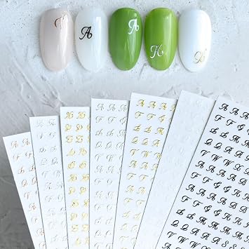 7 Sheets Letters Nail Decals - Old English Letter Designs, Metallic Gold, Silver, Black, White Alphabet Stickers, 3D Self-Adhesive Nail Art Supplies for Women & Girls DIY Decor