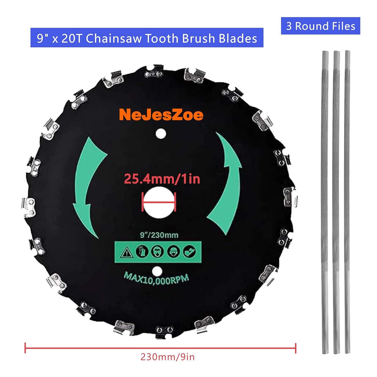 2-Set 9” x 20T Chainsaw Tooth Brush Cutter Blades Weed Trimmer Eater Blade with Universal Adapter Kits, 3 Assorted Round Files, 4 Washers for Brush Cutters, String Trimmers, and Weed Wreckers