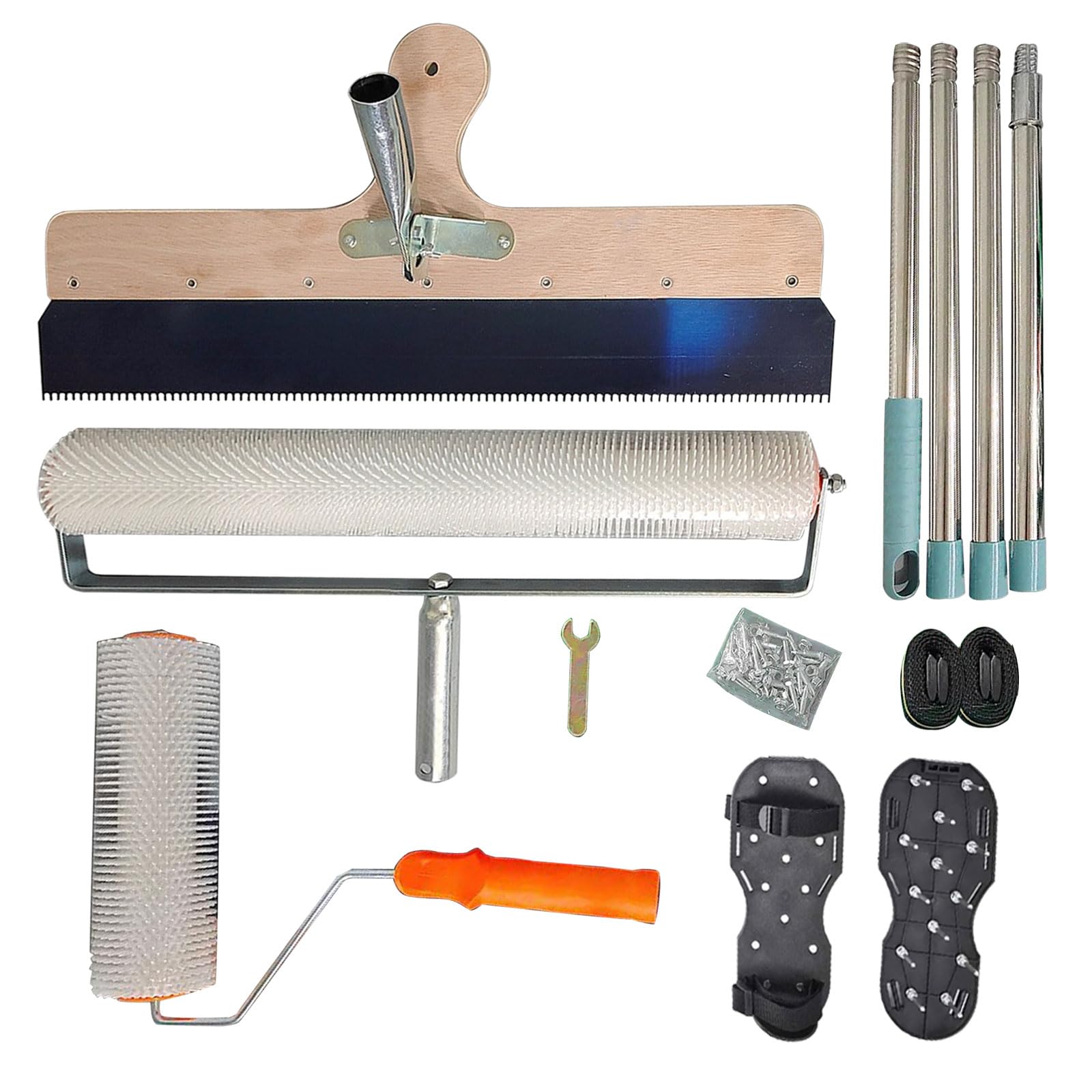 Self-Levelling Cement Tool Kit, Epoxy Floor Paint Tool with Removable 1.6m Long Extended Handle, Wooden Scraper, Spiked Roller, Spiked Shoes, Floor Leveling Tools
